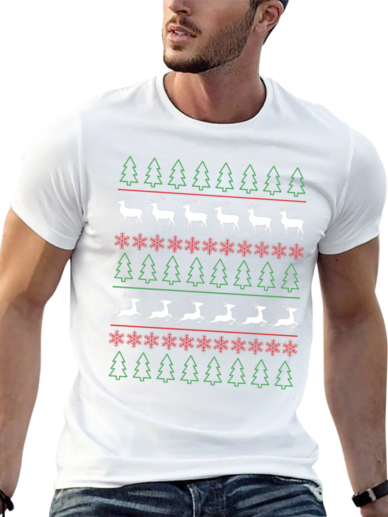 Christmas Tree & Reindeer Pattern T-Shirt