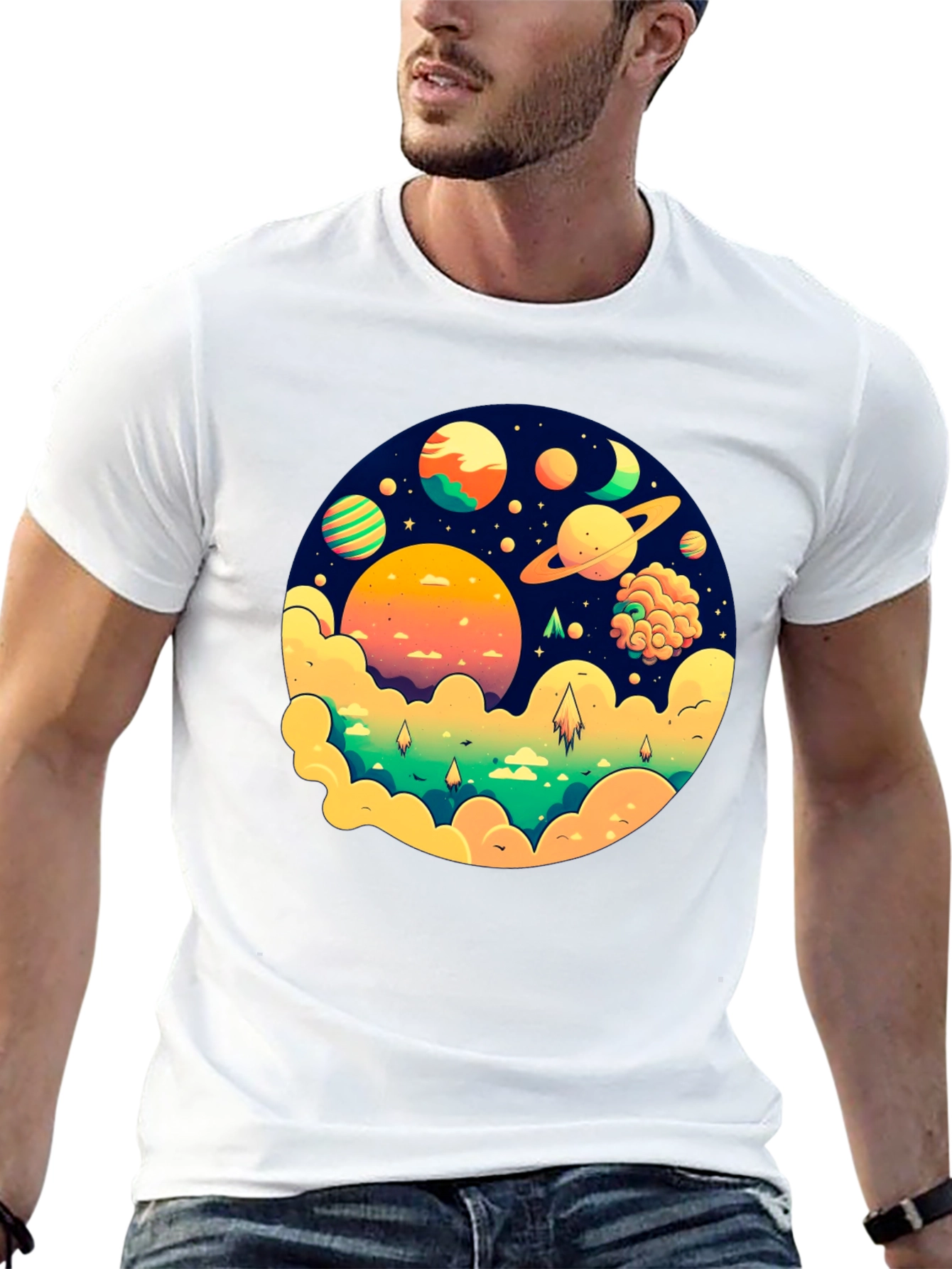 Cosmic Dreams Black T-Shirt - Space Planet Design