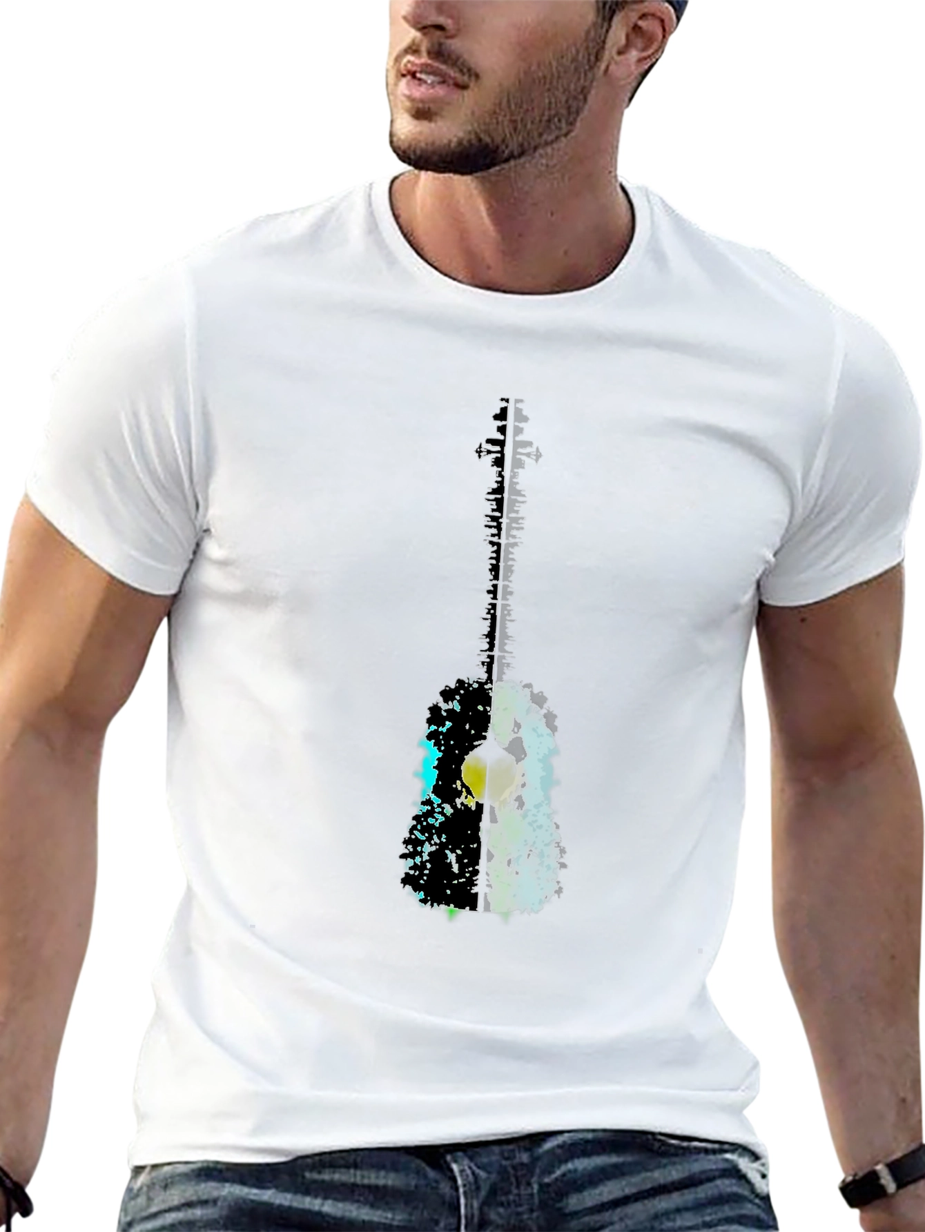 Abstract Guitar Graphic Tee - Black Casual T-Shirt
