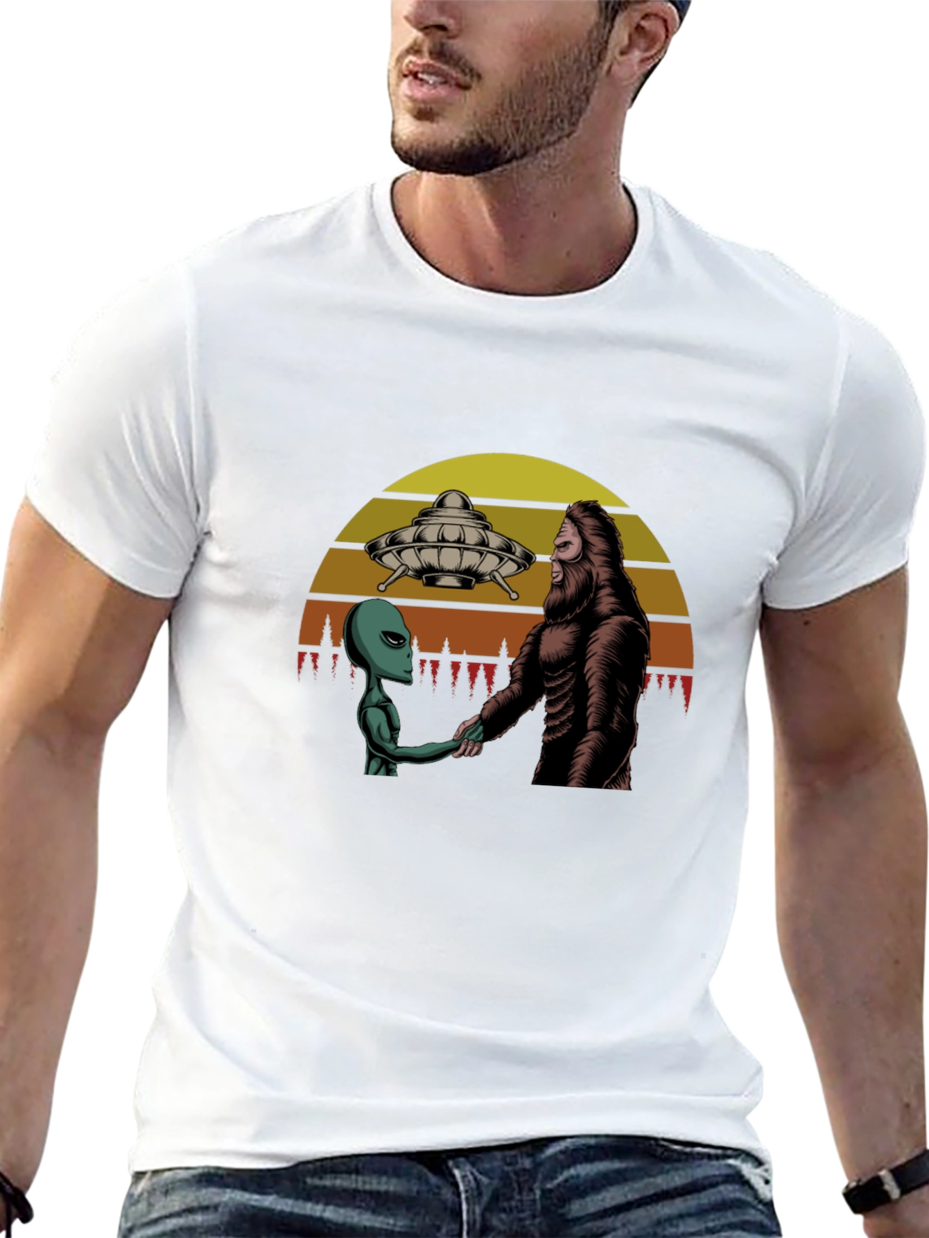 Alien & Bigfoot Handshake Graphic Tee - Conspiracy T-Shirt