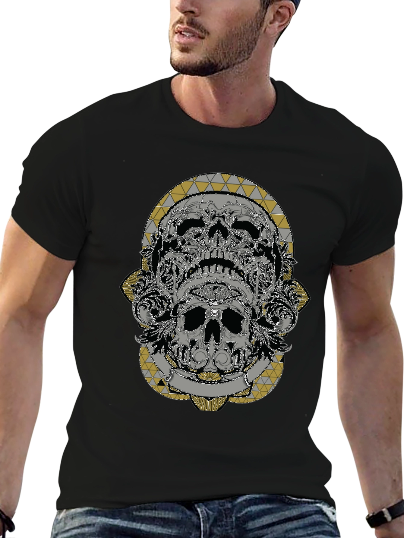 Skull Art Graphic Print Black T-Shirt