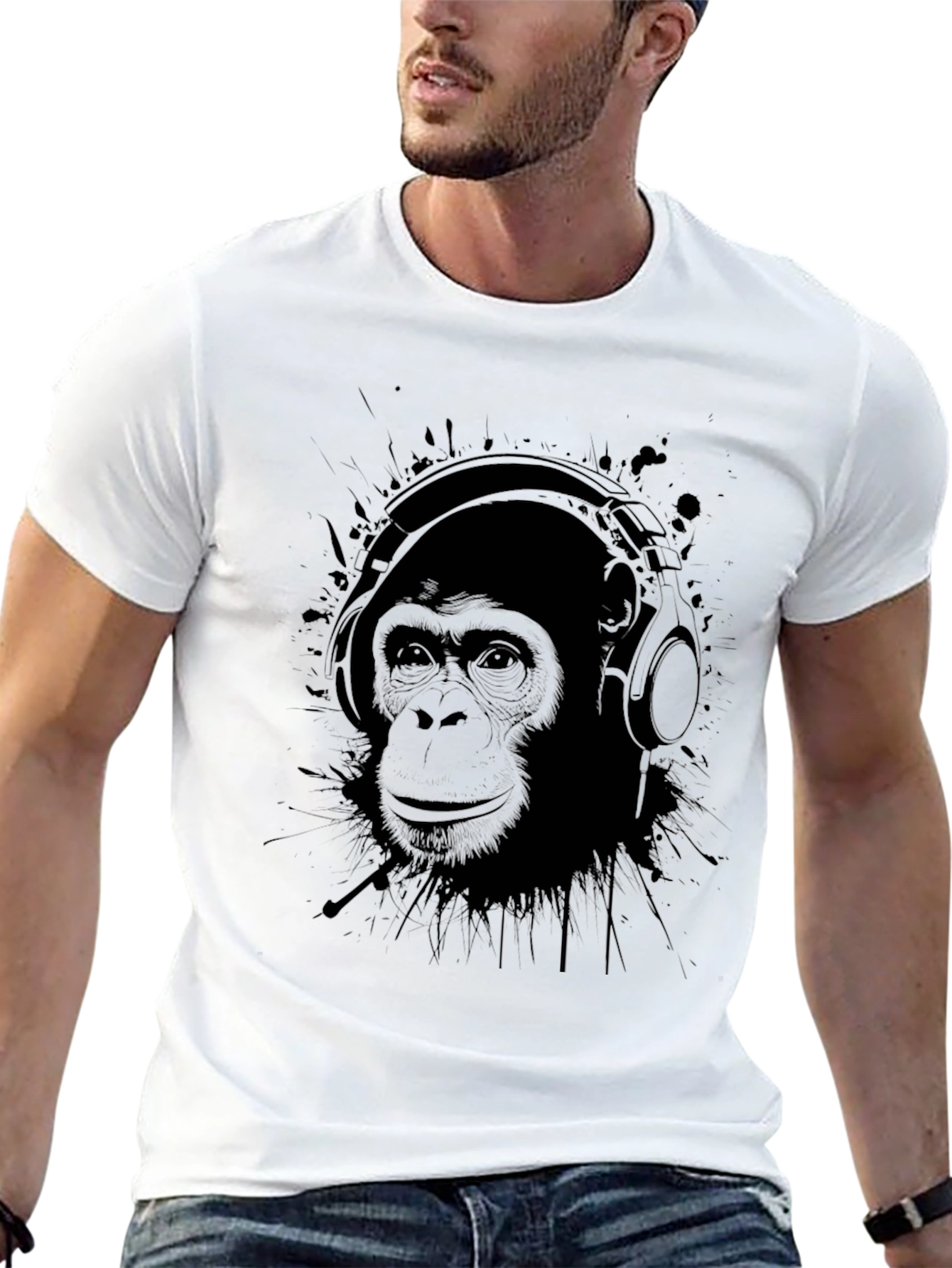 Chimpanzee Headphones Graphic Tee - Black Cotton