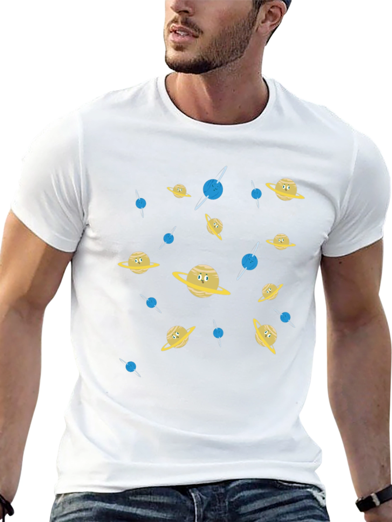 Cartoon Planets Graphic Print Black T-Shirt