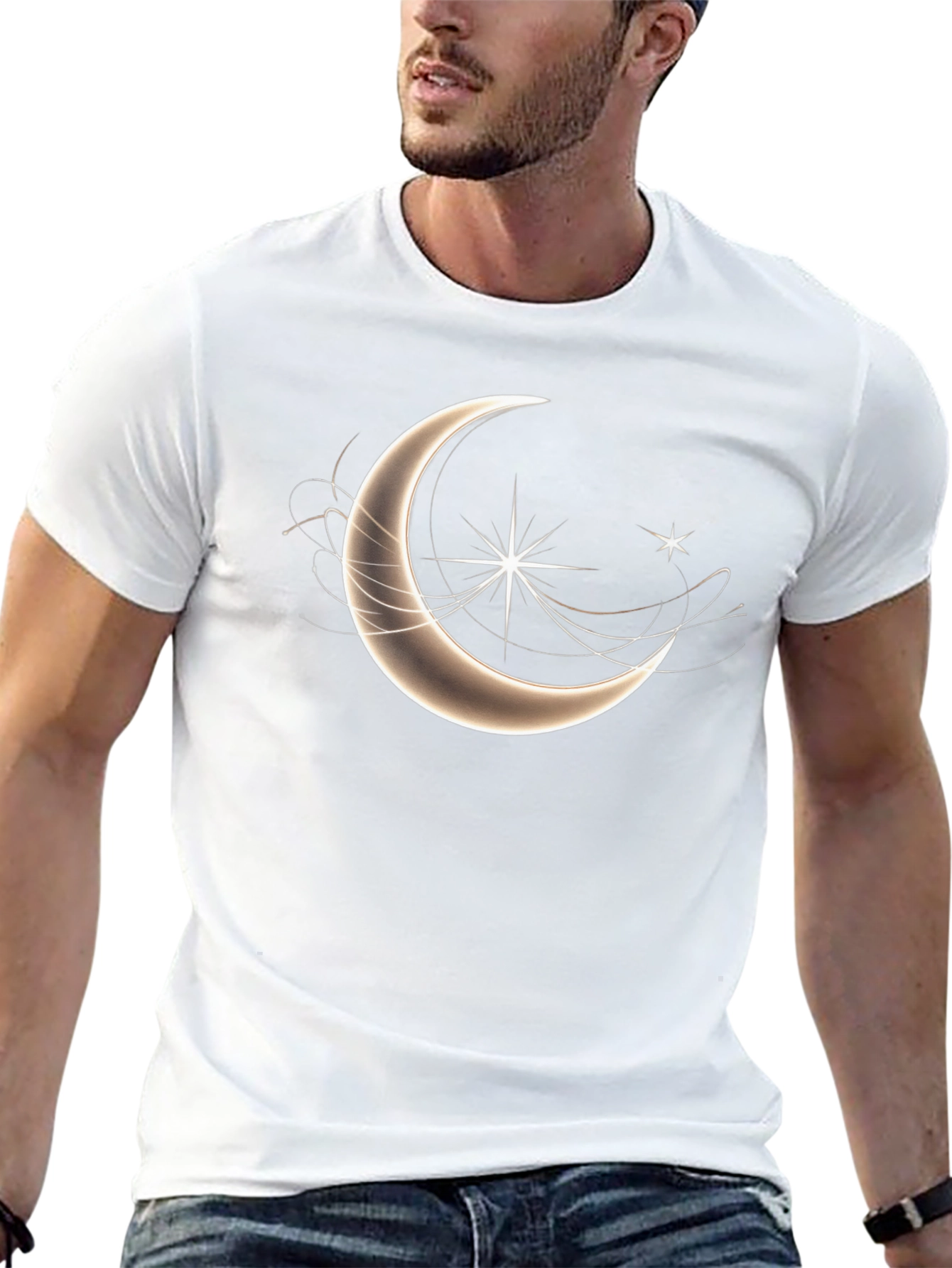 Celestial Crescent Moon Star Graphic T-Shirt - Black