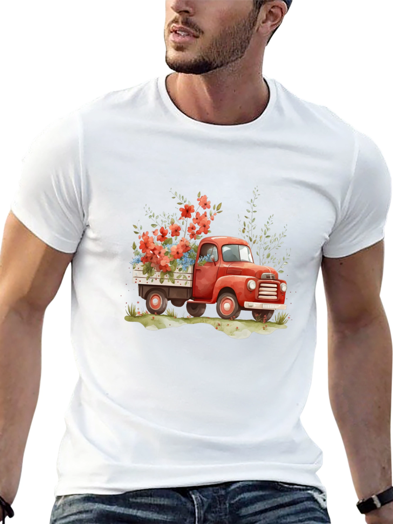 Red Truck with Flowers Graphic Tee