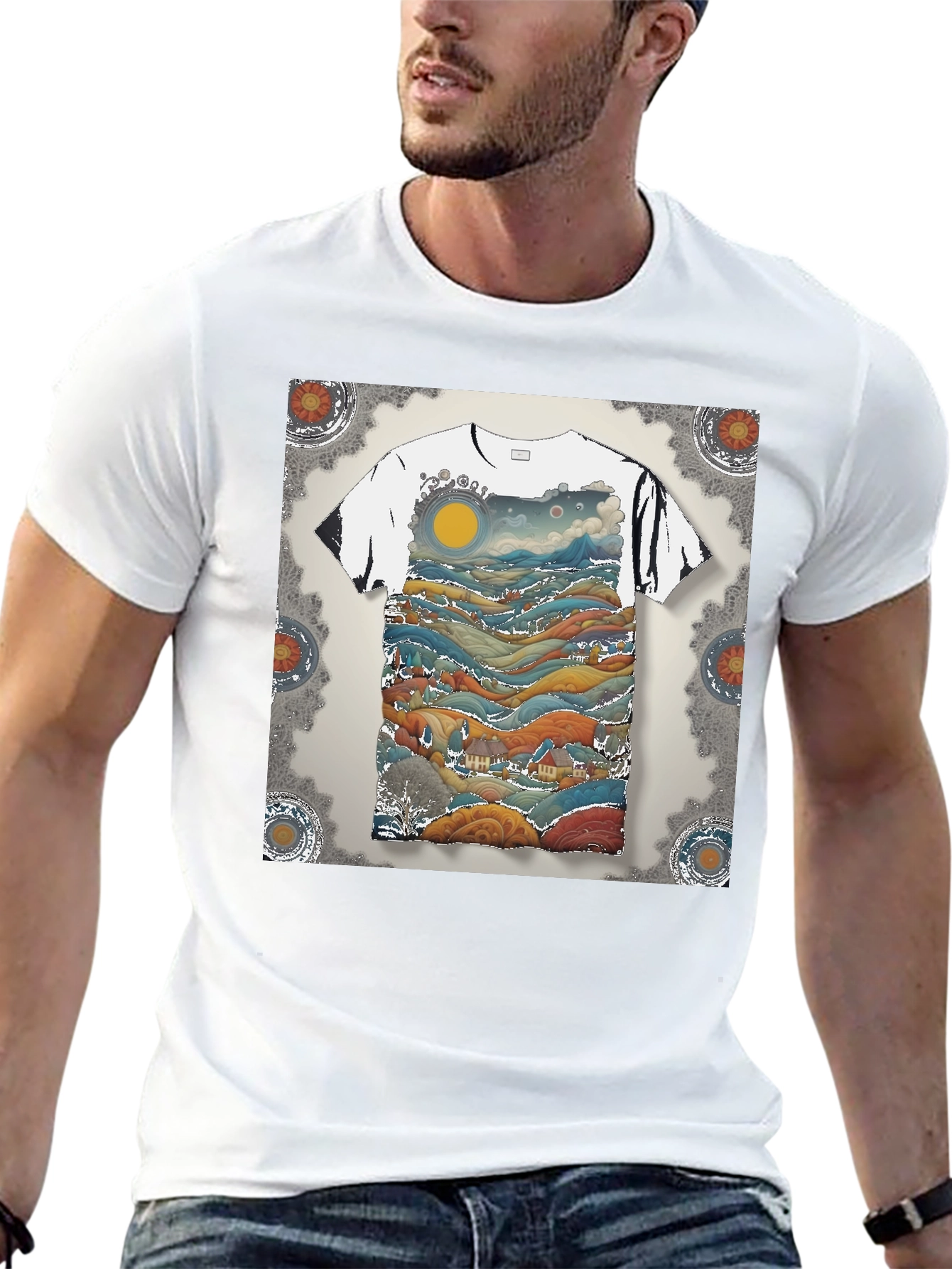 Artistic Landscape Print Black T-Shirt