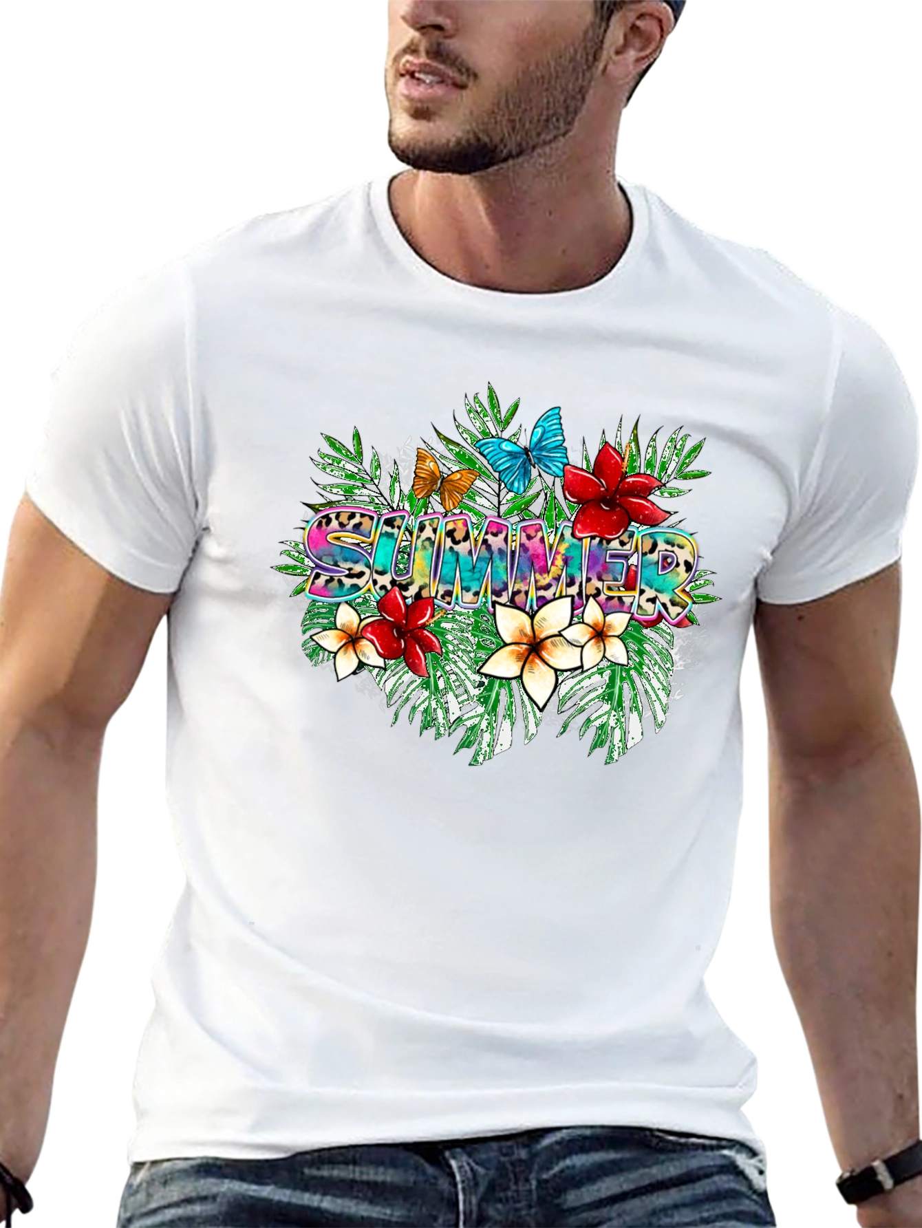 Tropical Summer T-Shirt with Floral and Butterfly Design