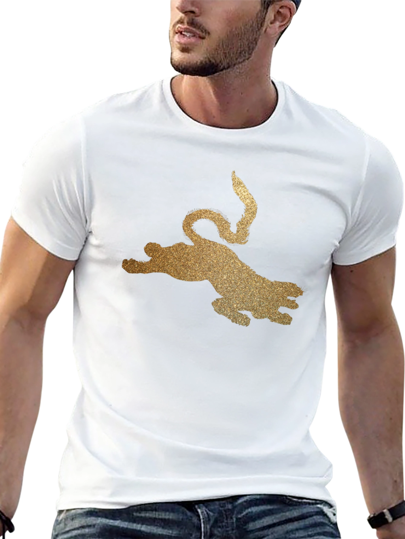 Black T-Shirt with Golden Glitter Leopard Graphic
