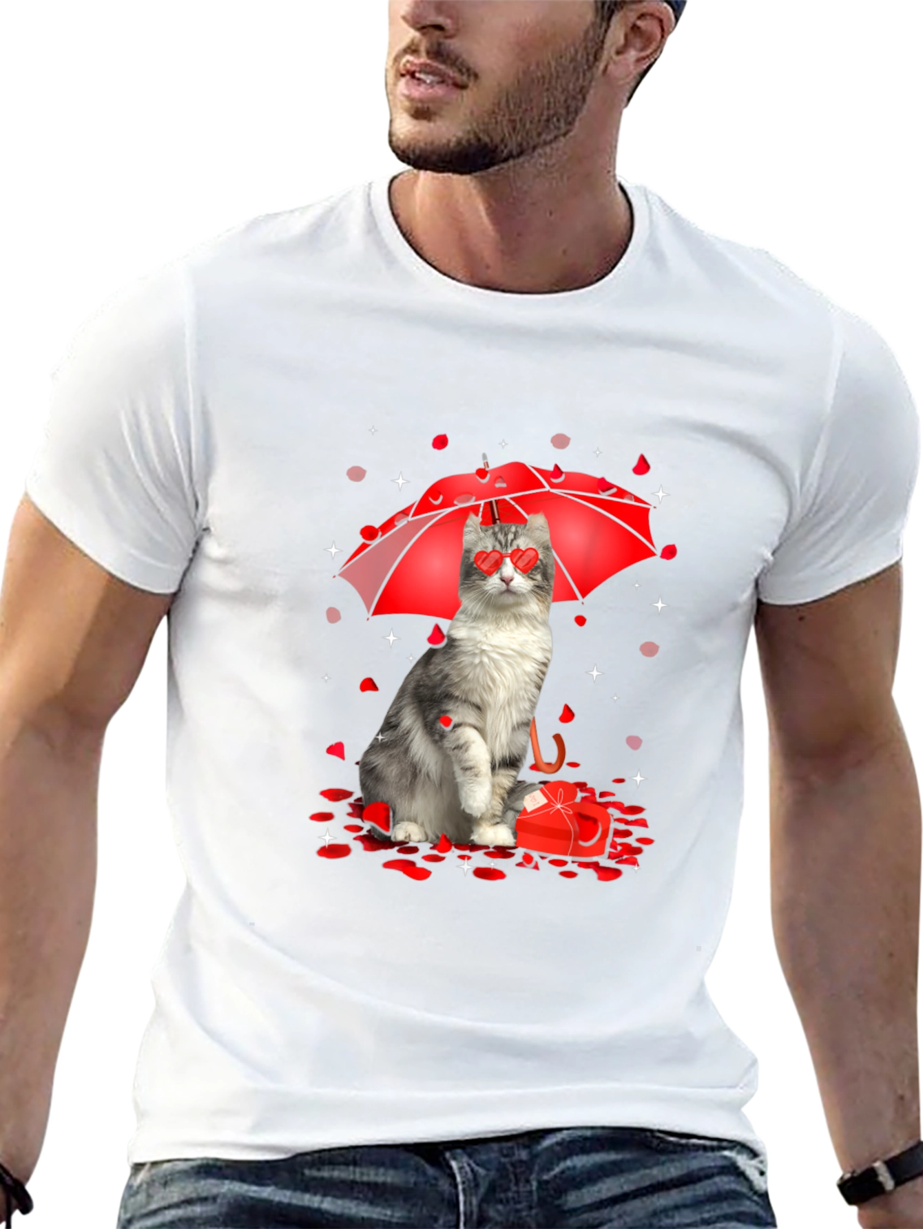 Cat Valentines Day T-Shirt - Heart Eyes Under Umbrella
