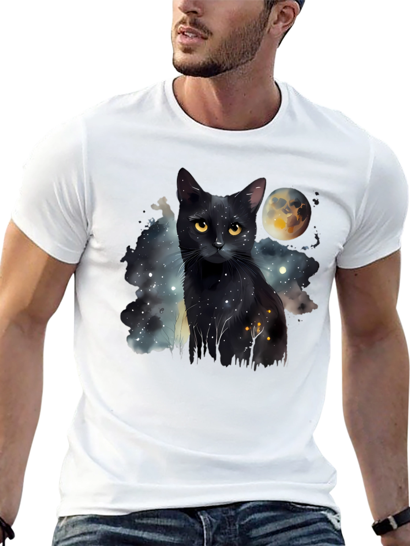 Black Cat Moon Galaxy T-Shirt - Unique Graphic Tee