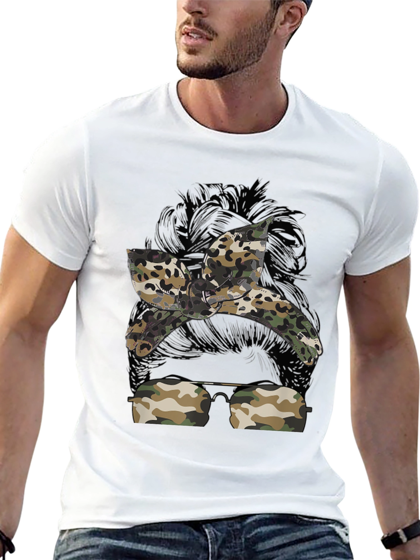 Camo Messy Bun T-Shirt - Casual Style