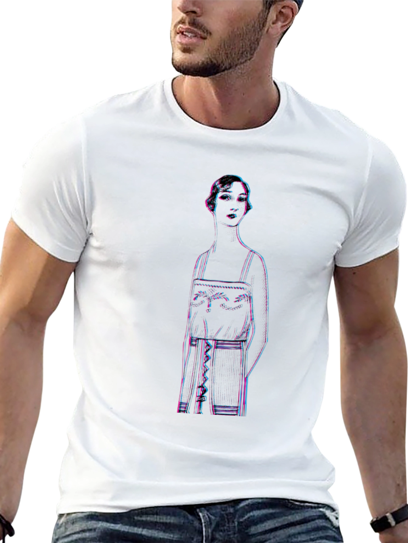 Retro Glitch Woman Graphic Tee - Black Cotton T-Shirt