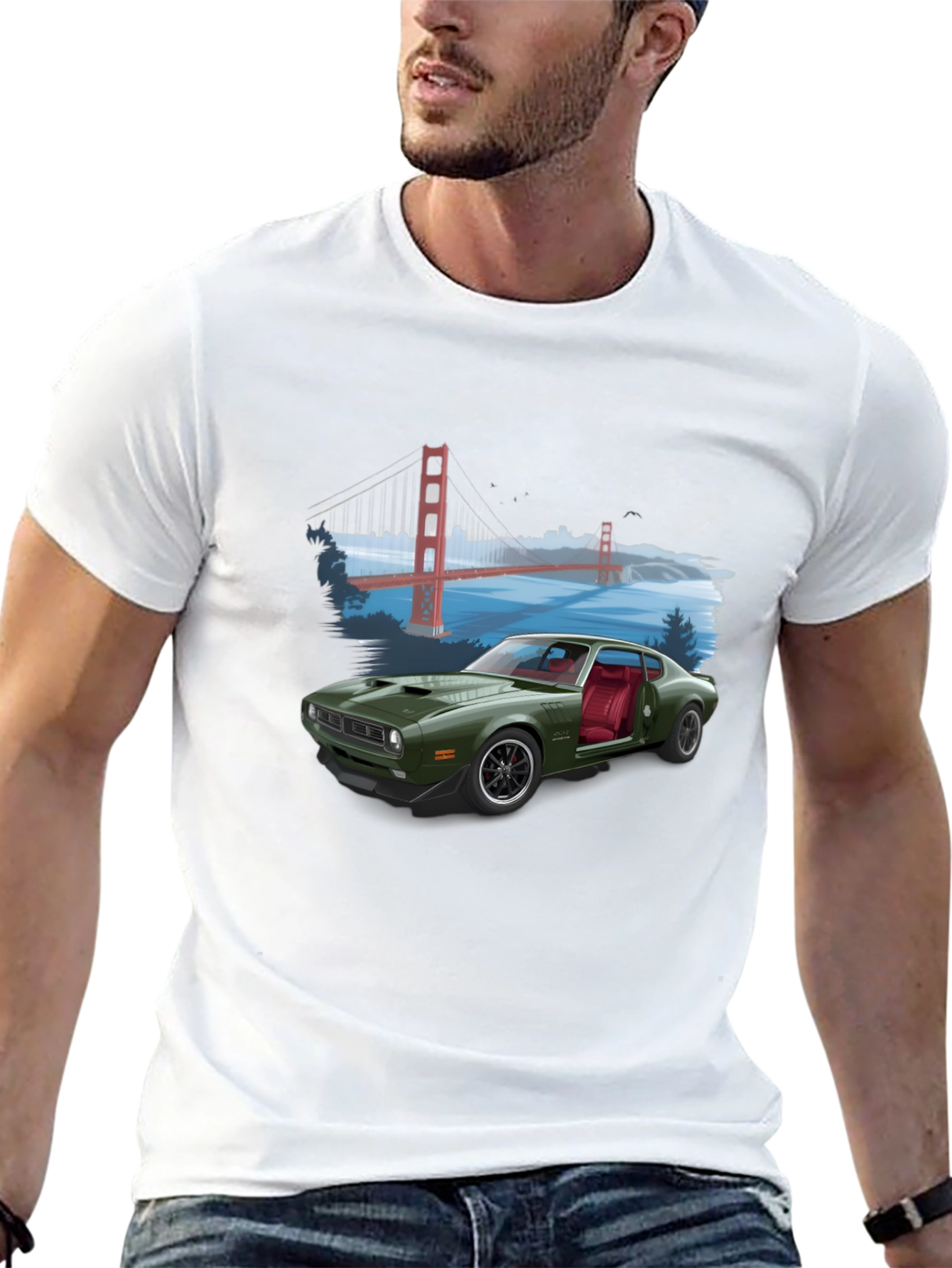 Retro Car & Bridge T-Shirt - Unique Graphic Tee