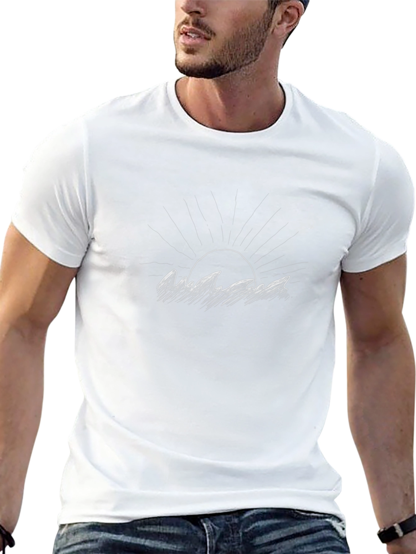 Black T-Shirt with Graphic Wave and Sun Design