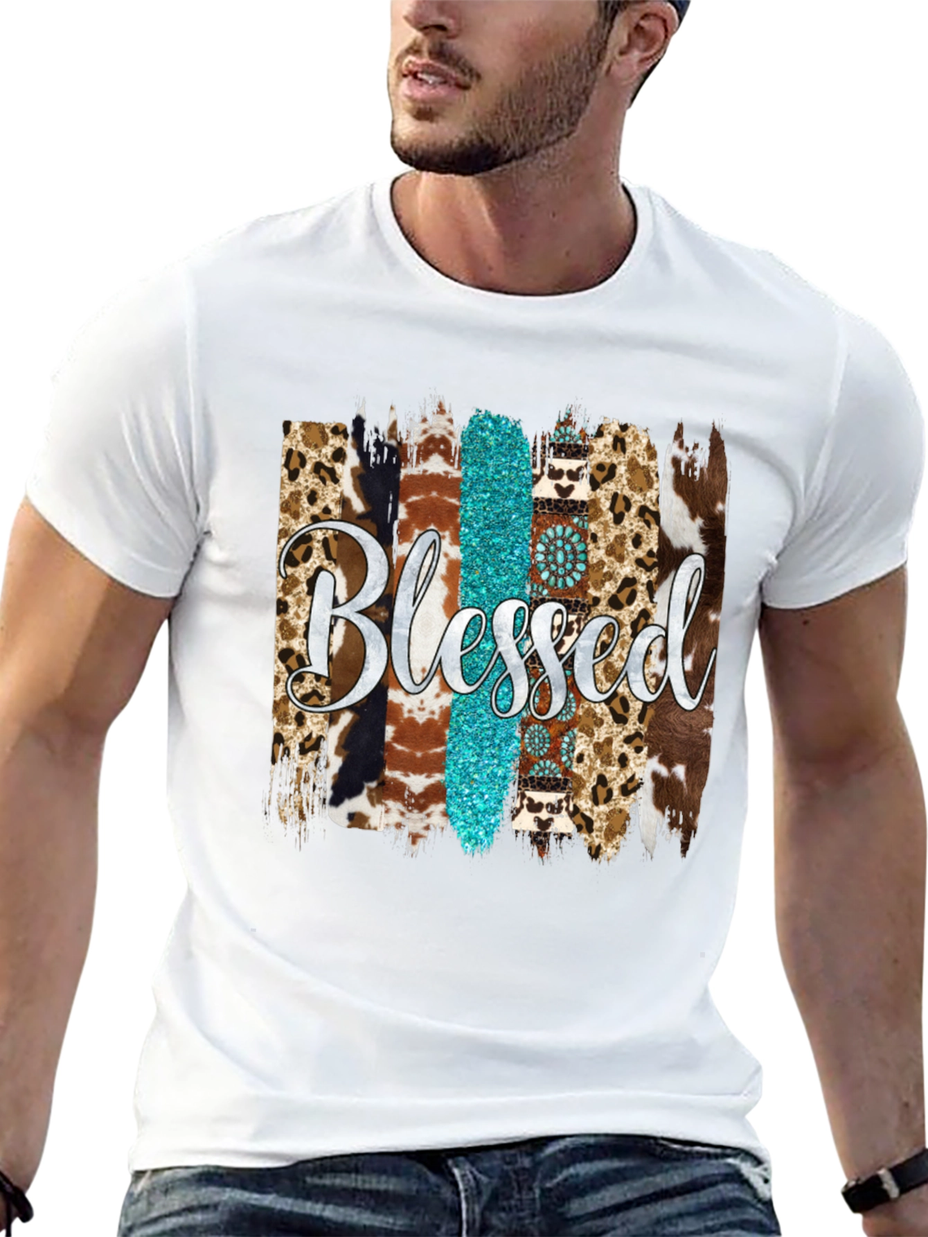 Blessed Western Graphic Tee - Turquoise & Animal Print