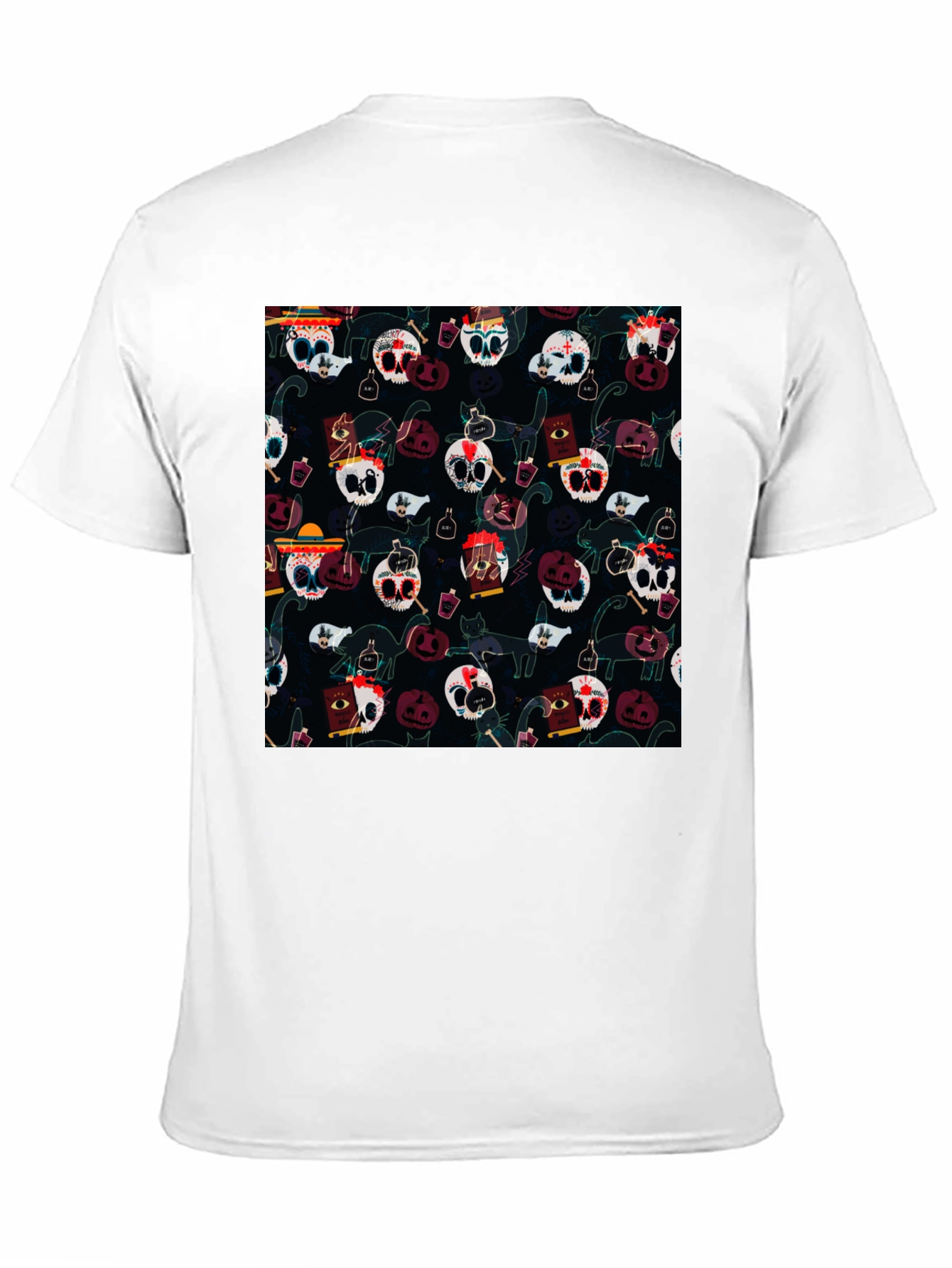 Skull & Cat Pattern T-Shirt - Halloween Style Tee