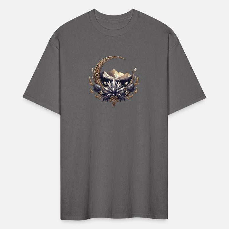 Crescent moon in gold, with crystals and mountains