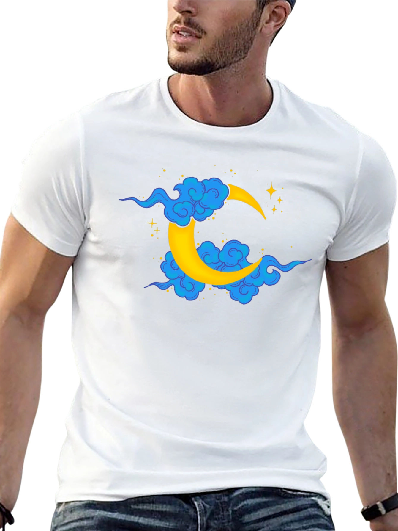 Black T-Shirt with Crescent Moon and Clouds Design