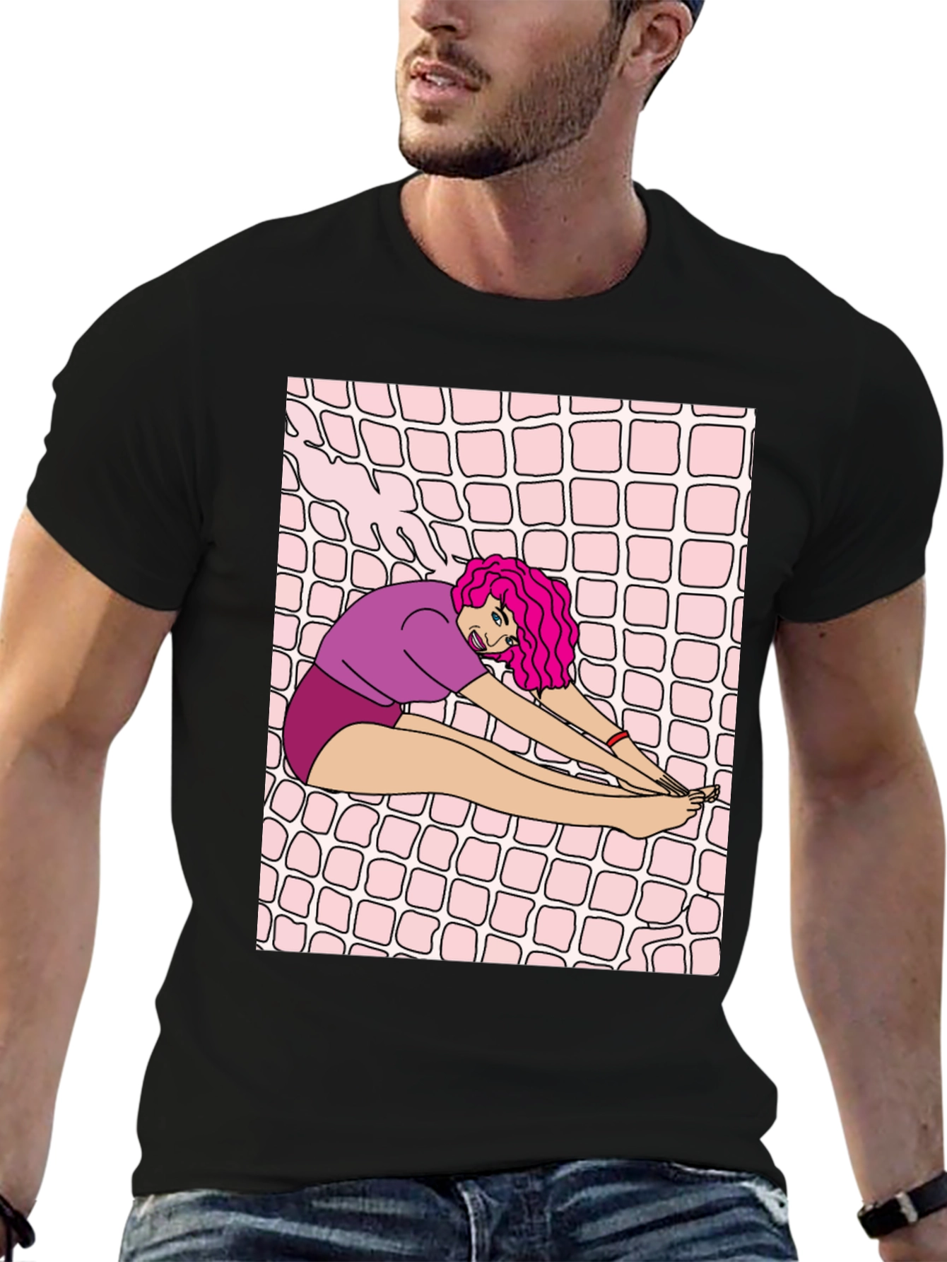 Stretching Cartoon Graphic Black T-Shirt