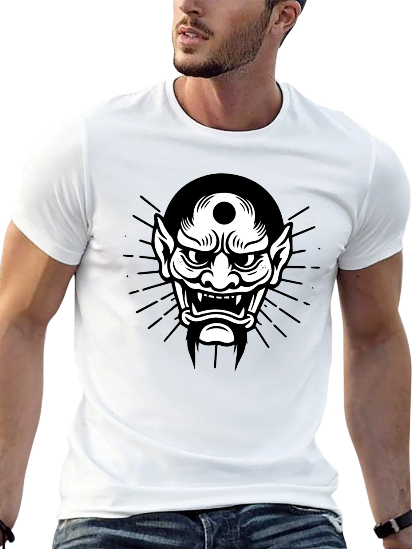 Black Tee with Japanese Oni Mask Graphic