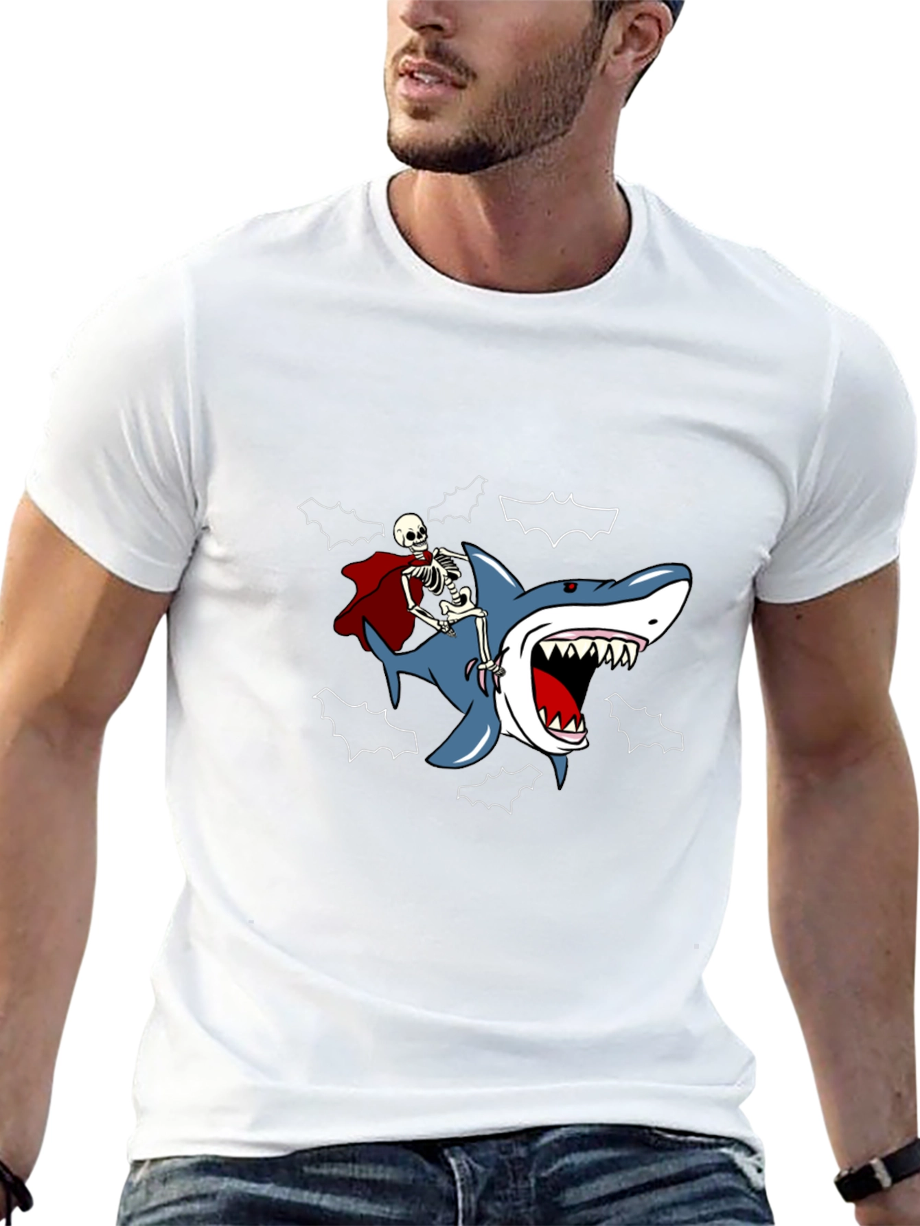 Skeleton Riding Shark Graphic Tee
