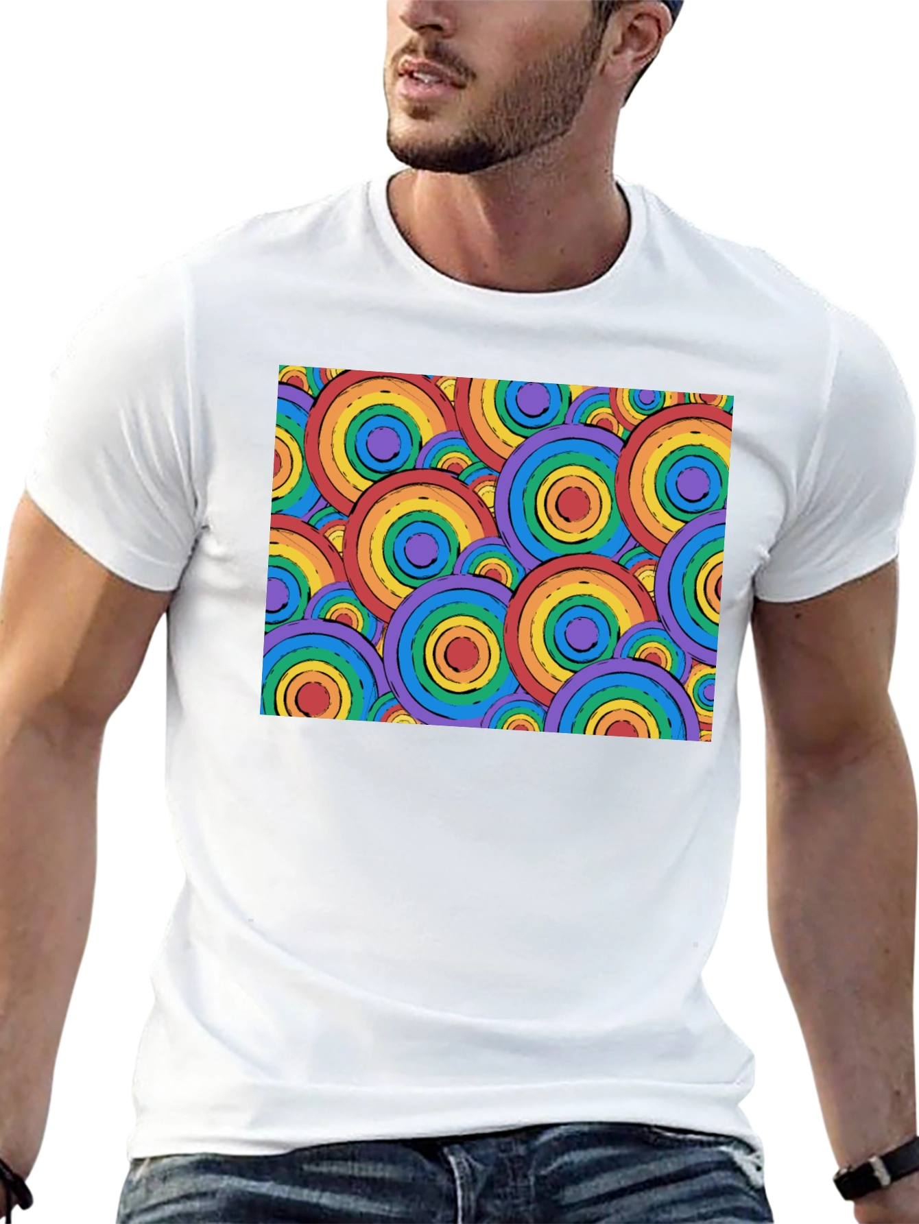 Retro Rainbow Circle Pattern Black T-Shirt