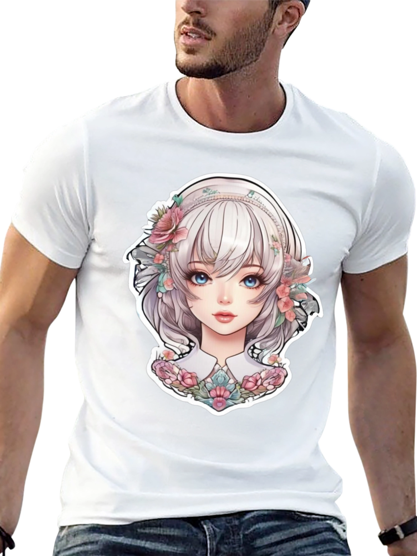 Anime Girl Floral Black T-Shirt