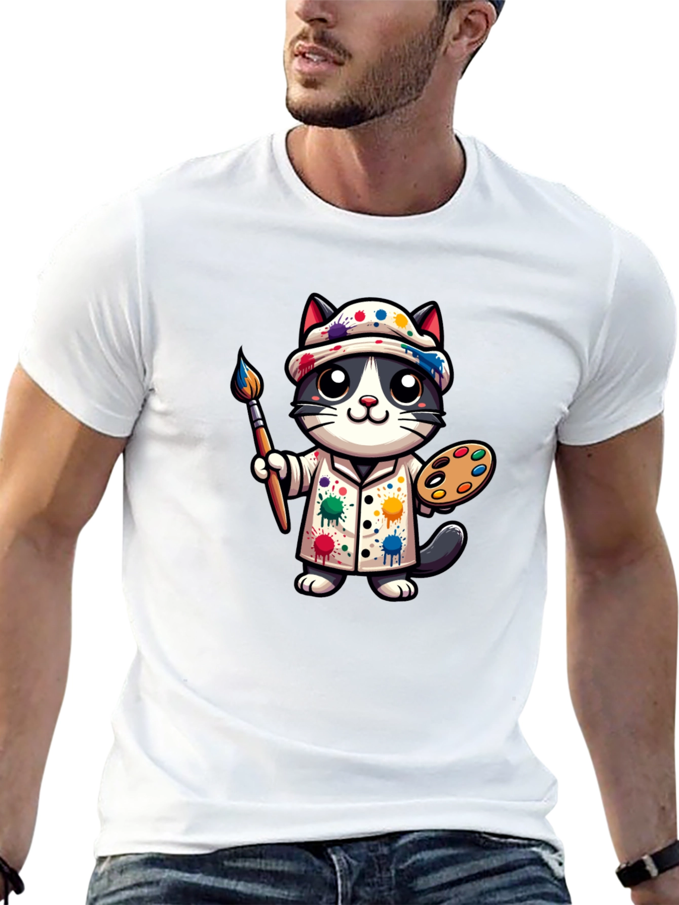 Artist Cat Graphic T-Shirt - Unique Design