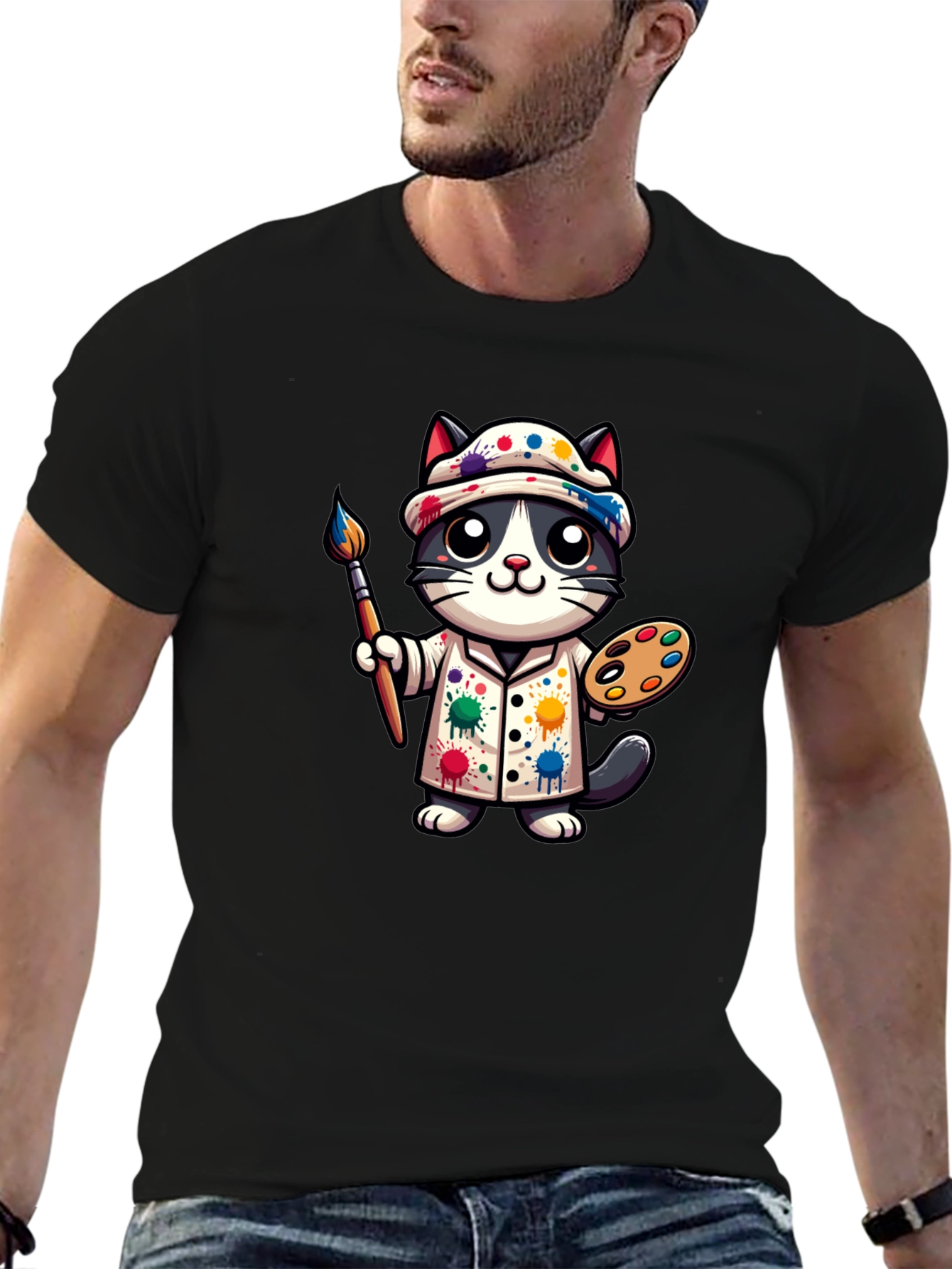 Artist Cat Graphic T-Shirt - Unique Design