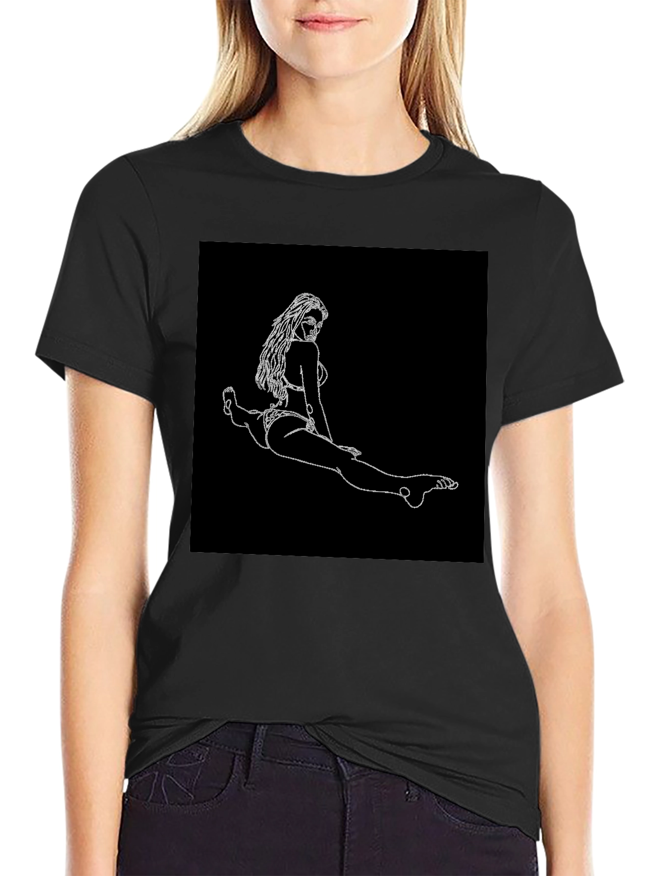 Black T-Shirt - Line Art Woman Graphic Tee