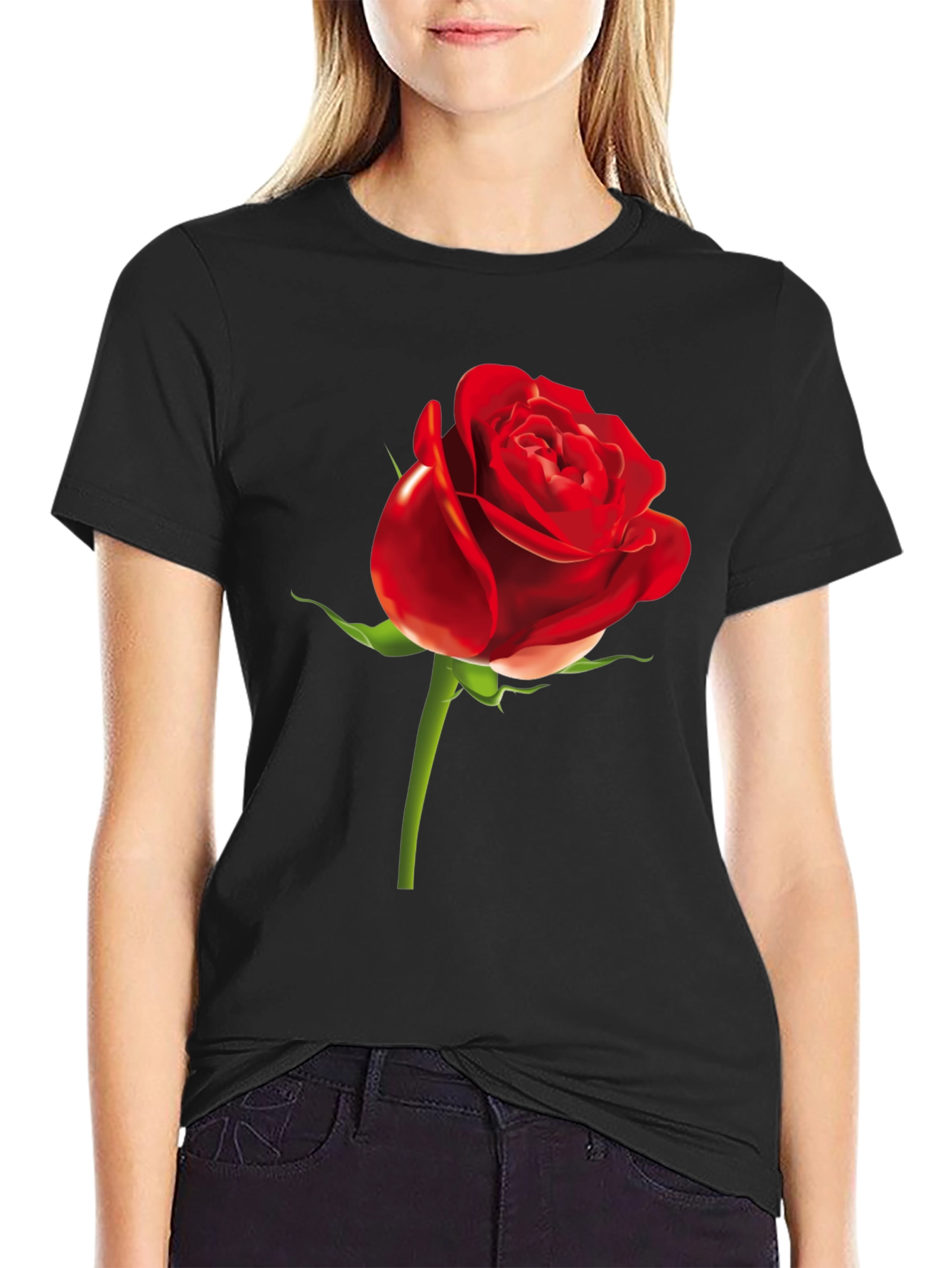 Red Rose Graphic Print Black T-Shirt