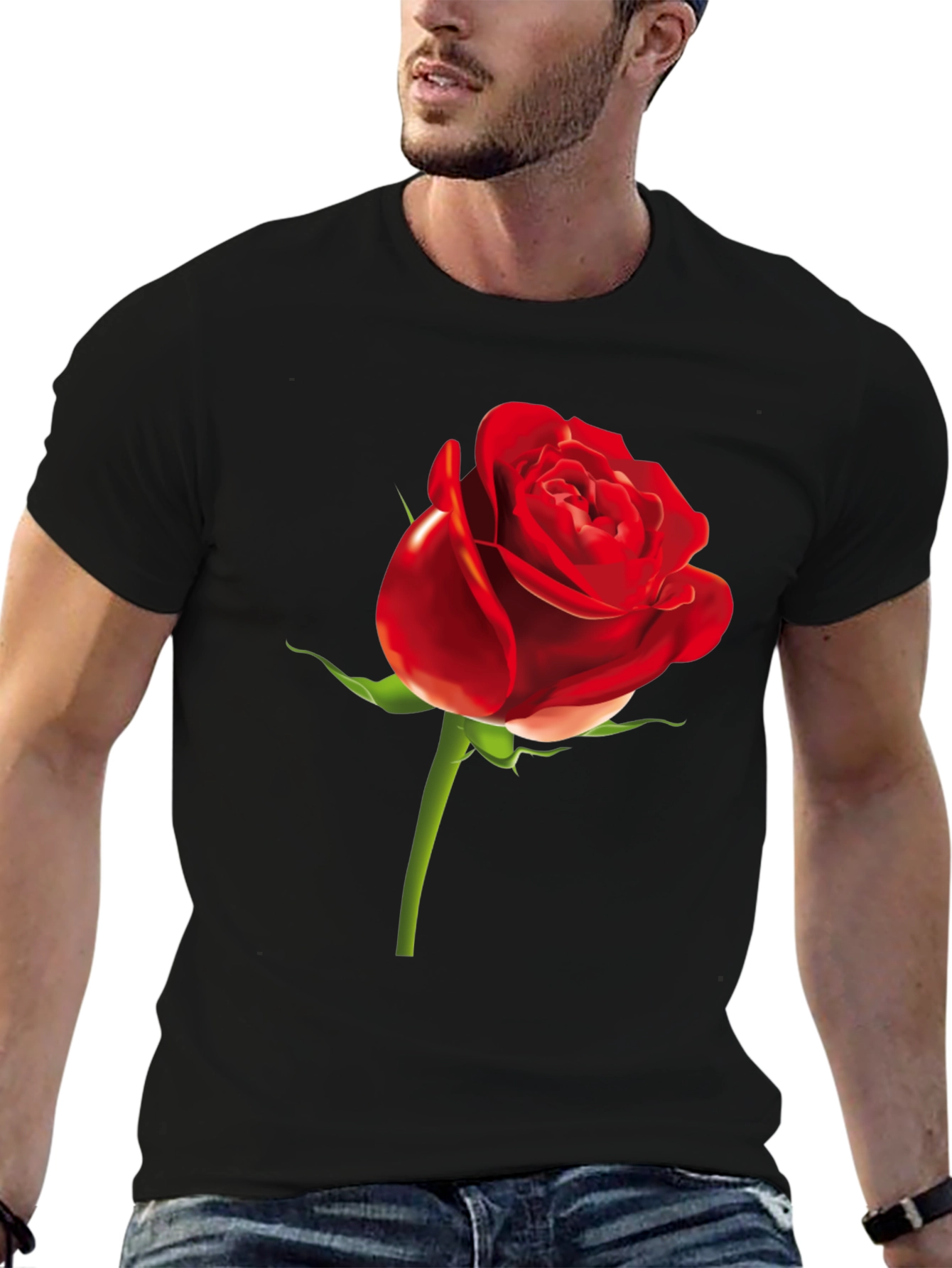 Red Rose Graphic Print Black T-Shirt
