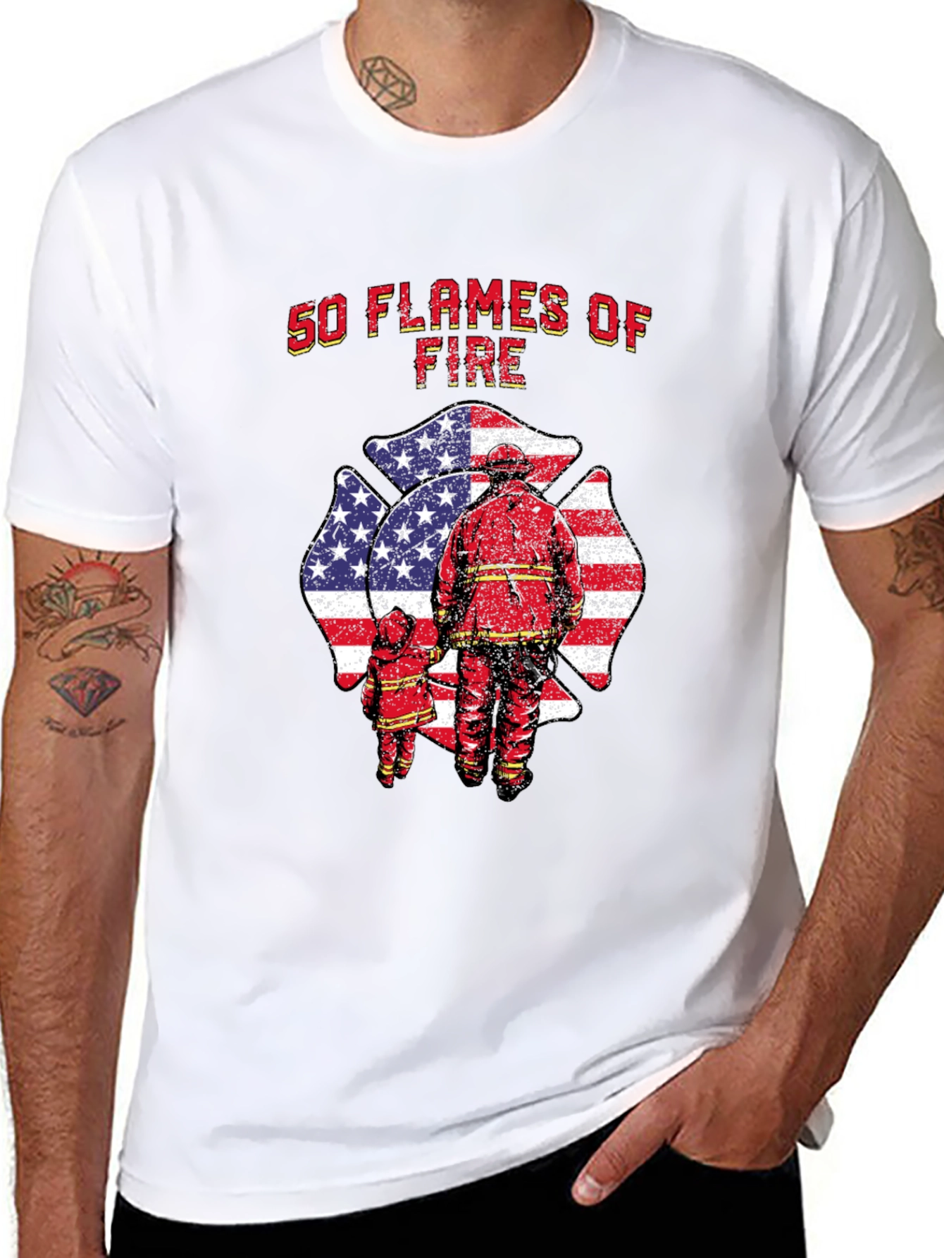 50 Flames of Fire T-Shirt - Patriotic Firefighter Tee