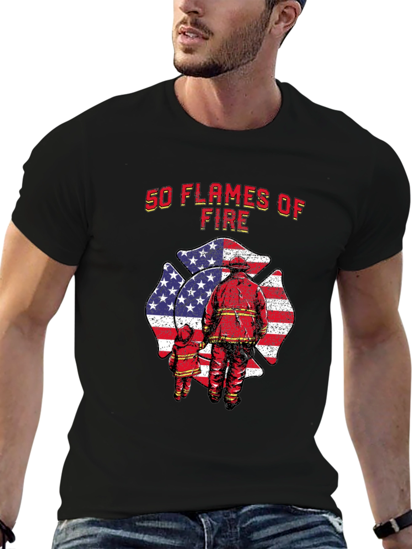 50 Flames of Fire T-Shirt - Patriotic Firefighter Tee