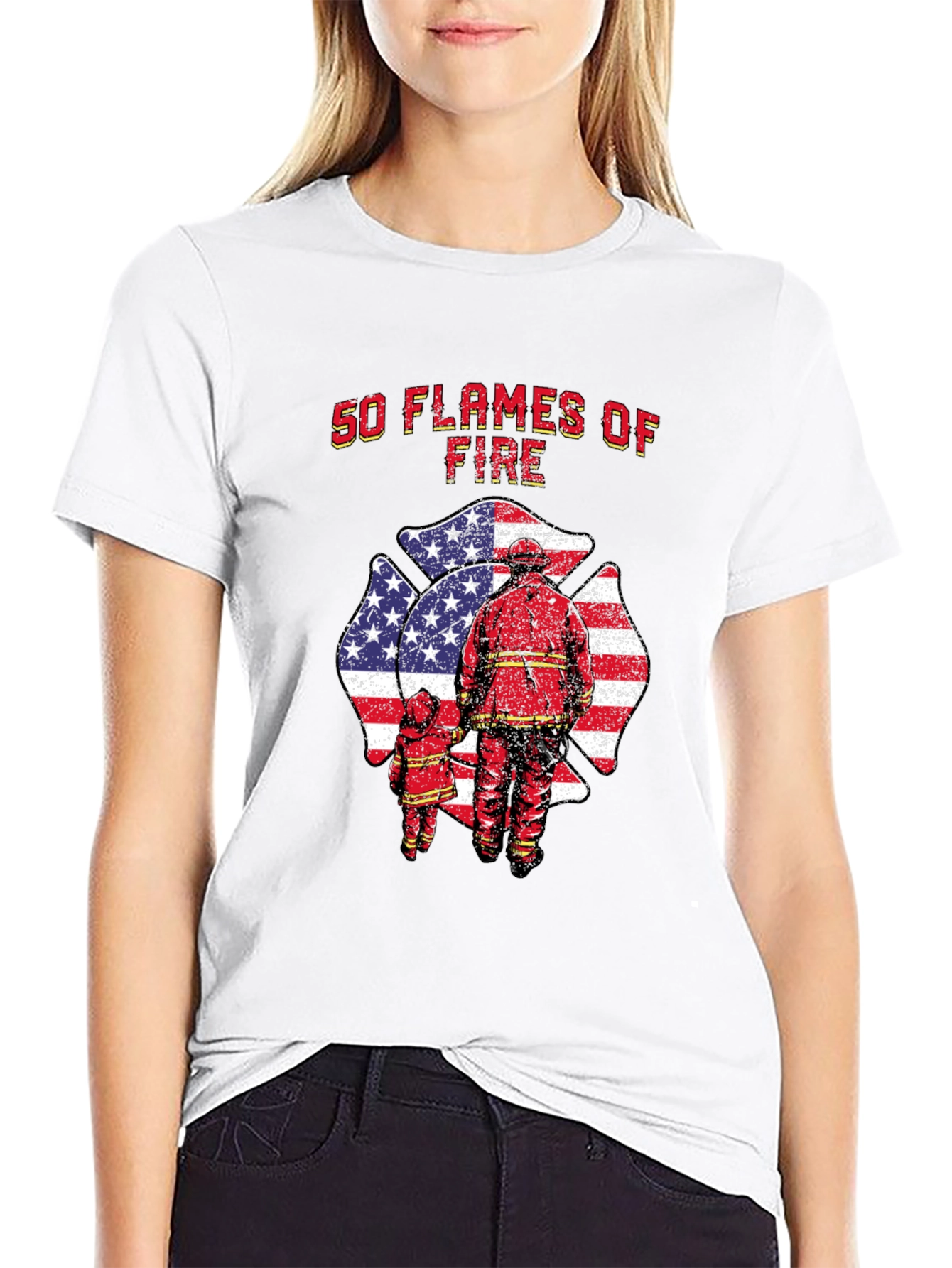 50 Flames of Fire T-Shirt - Patriotic Firefighter Tee