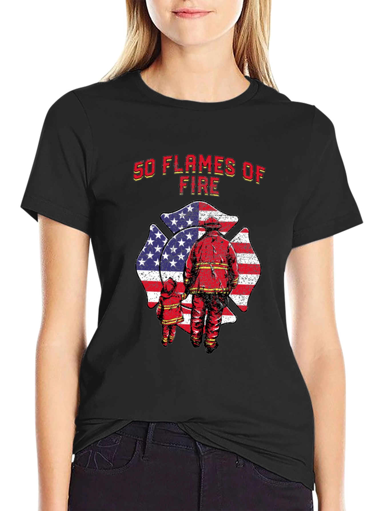 50 Flames of Fire T-Shirt - Patriotic Firefighter Tee