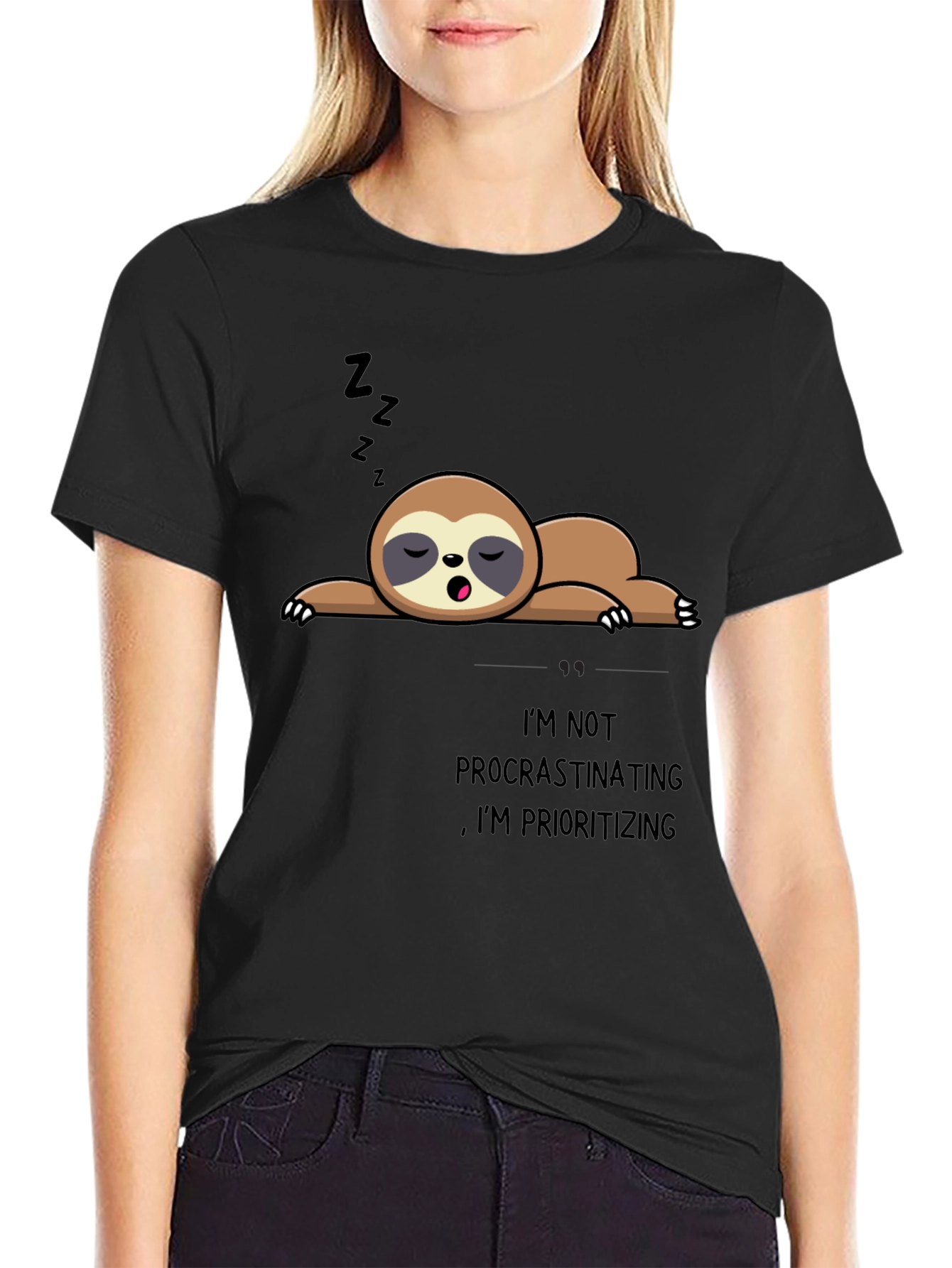 Sloth Prioritizing Funny Black T-Shirt