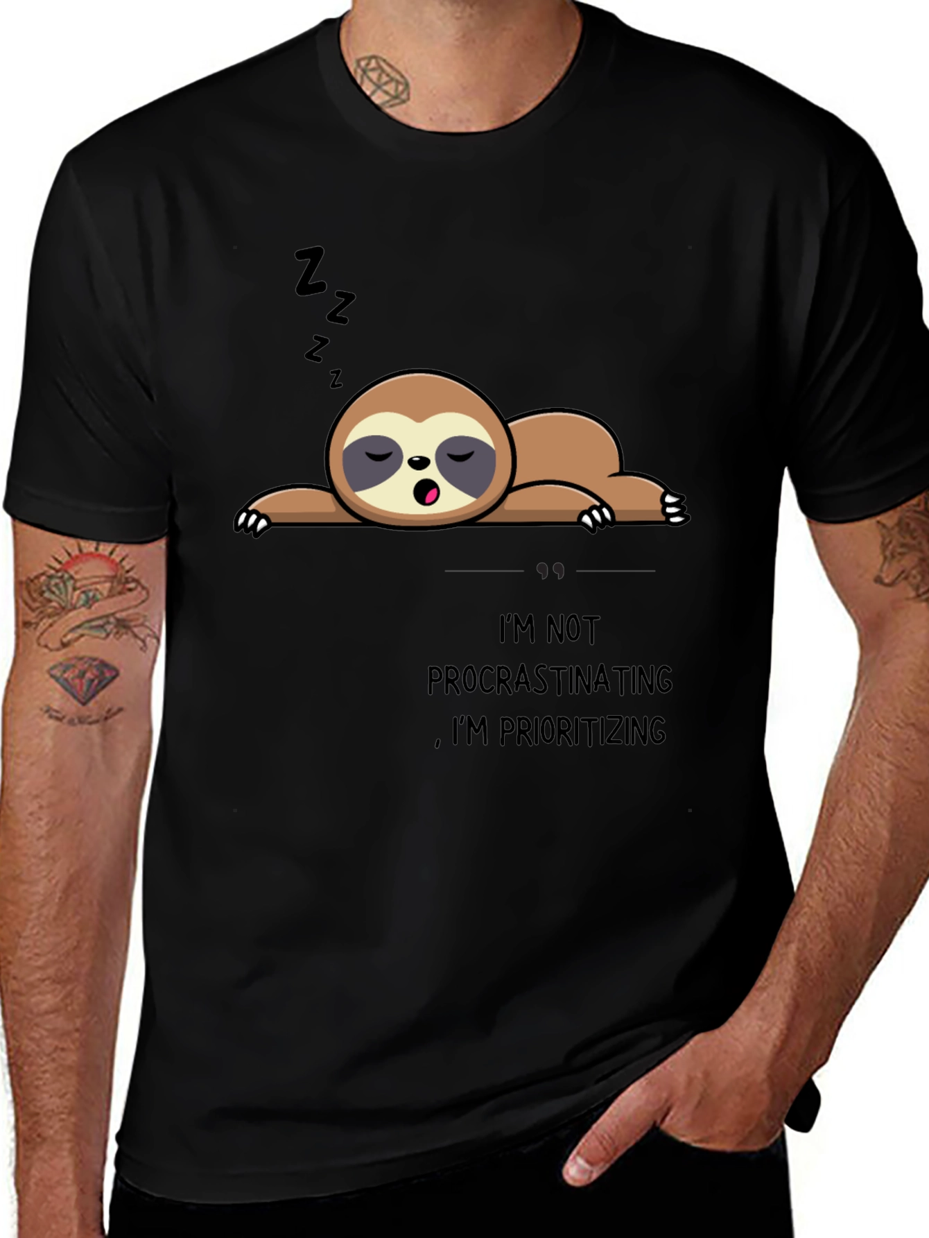 Sloth Prioritizing Funny Black T-Shirt