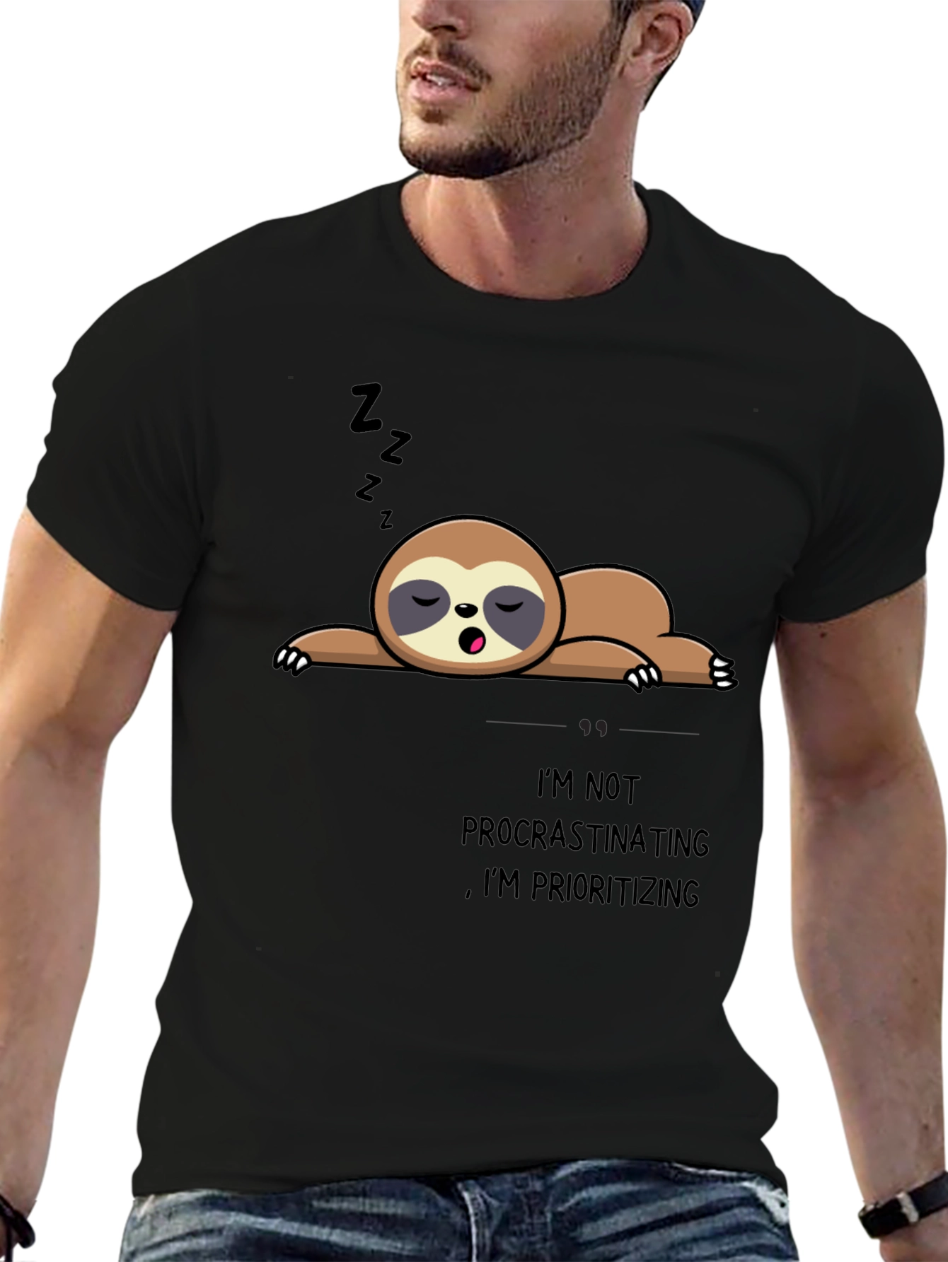 Sloth Prioritizing Funny Black T-Shirt