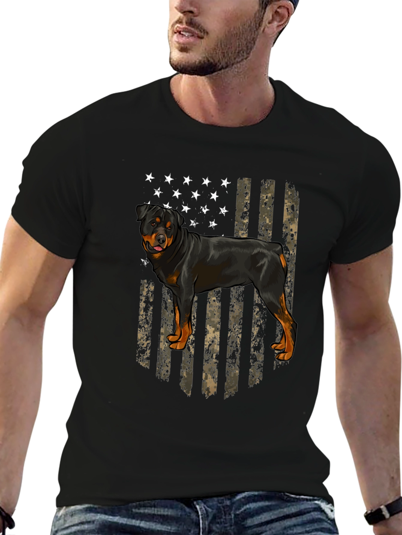 Rottweiler American Flag Mens Black T-Shirt