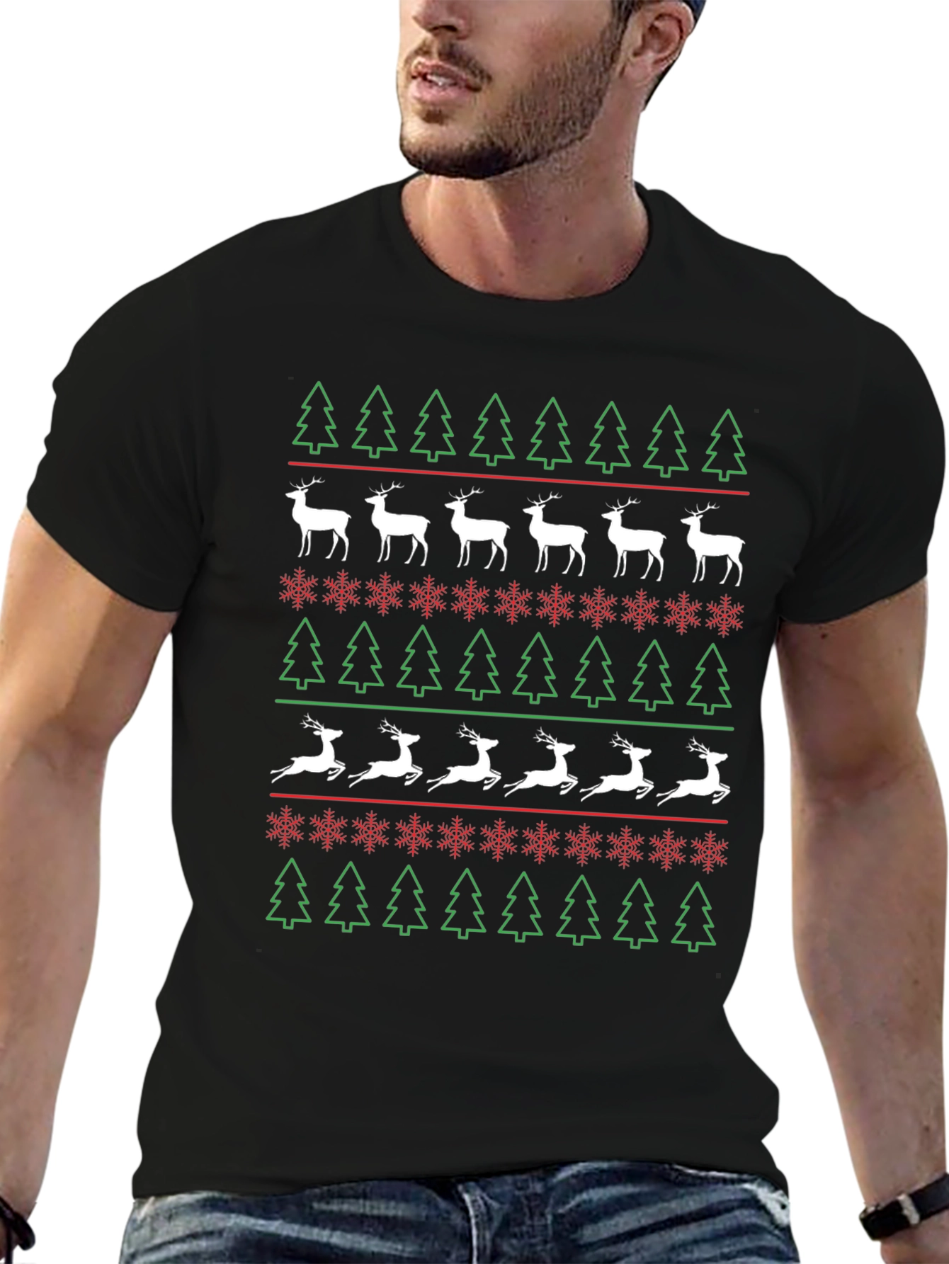 Christmas Tree & Reindeer Pattern T-Shirt