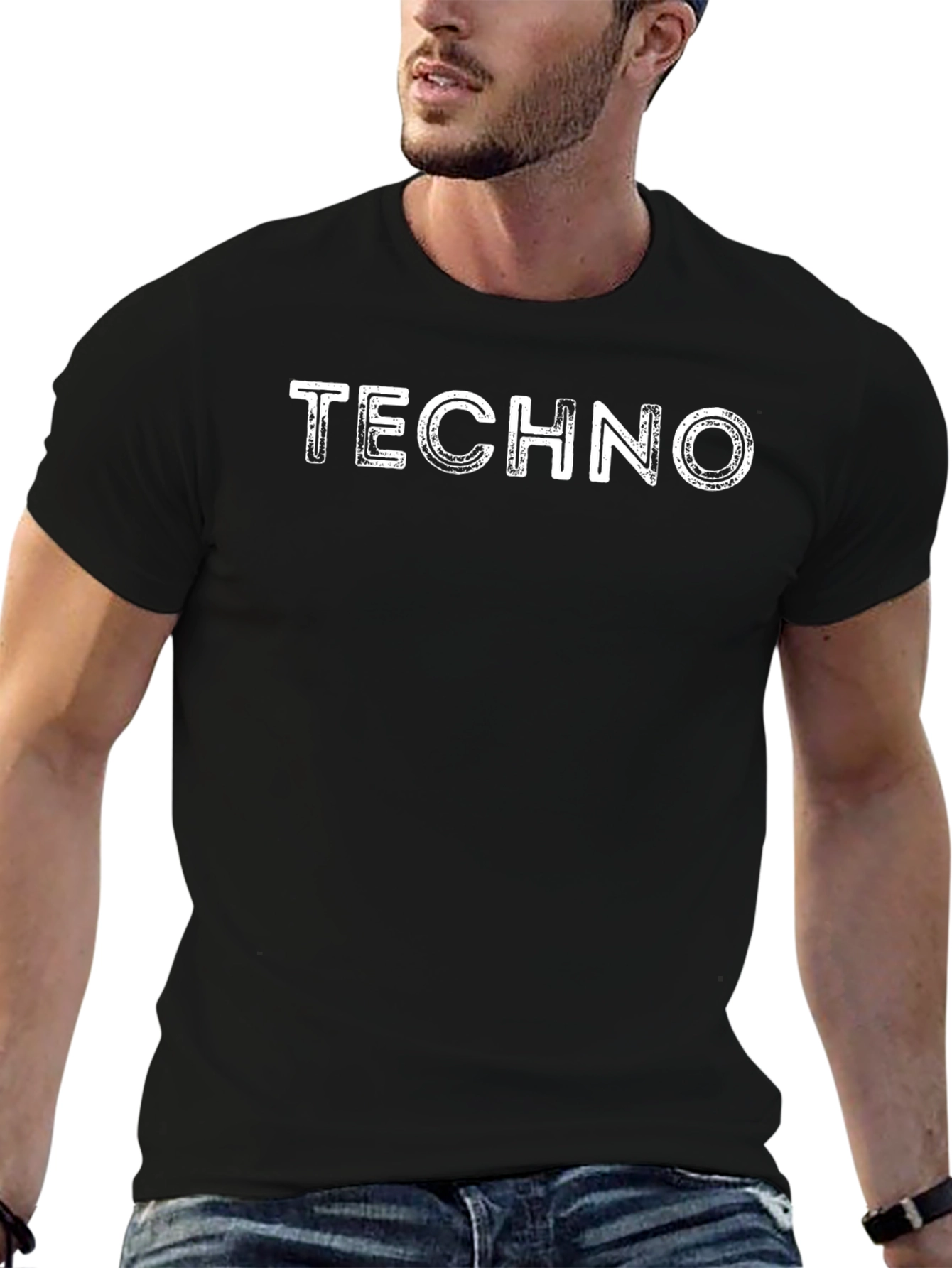 Techno Distressed Graphic Print Black T-Shirt