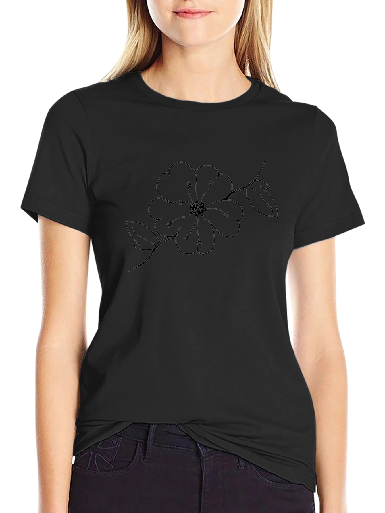 Black Floral Line Art Graphic Tee