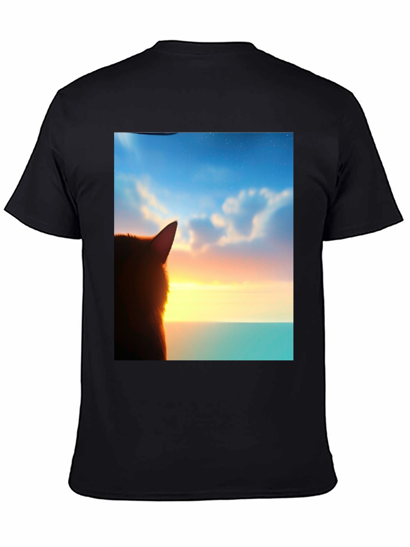 Sunset Cat Graphic Tee - Soft Black Cotton