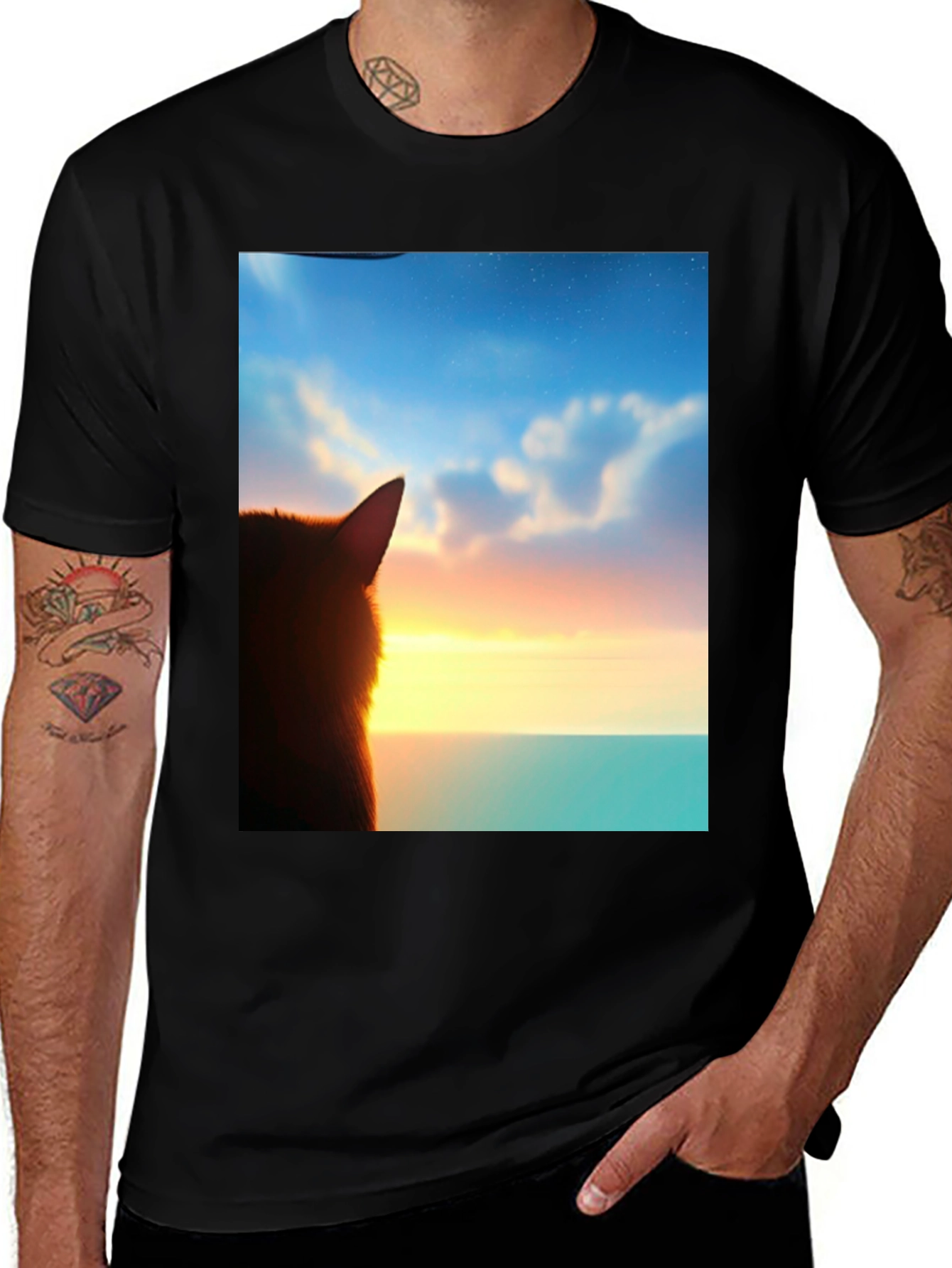 Sunset Cat Graphic Tee - Soft Black Cotton