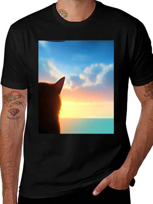 Sunset Cat Graphic Tee - Soft Black Cotton