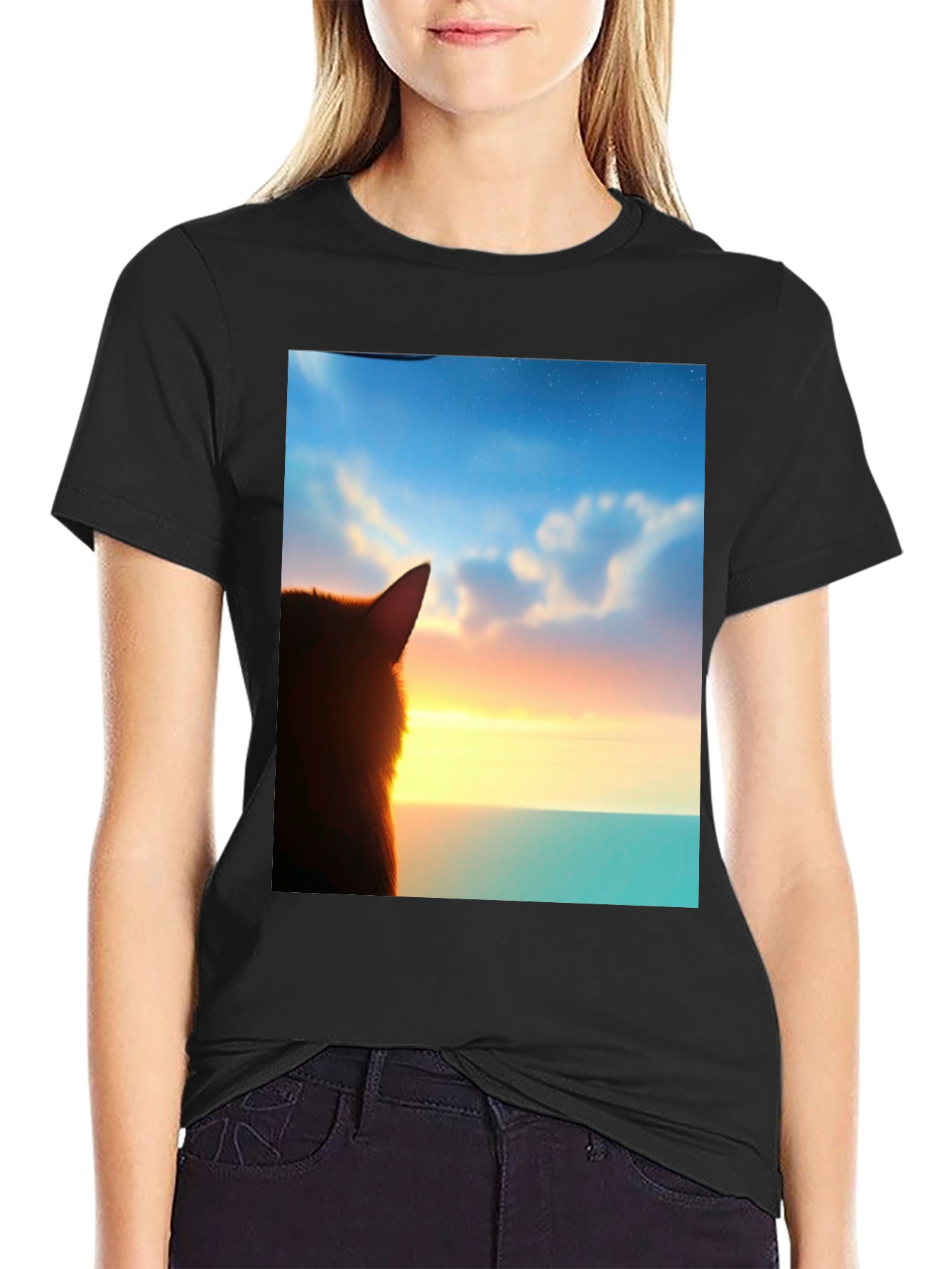 Sunset Cat Graphic Tee - Soft Black Cotton