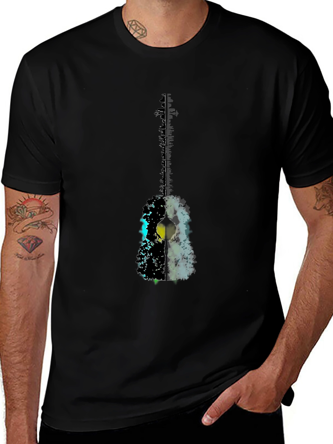 Abstract Guitar Graphic Tee - Black Casual T-Shirt