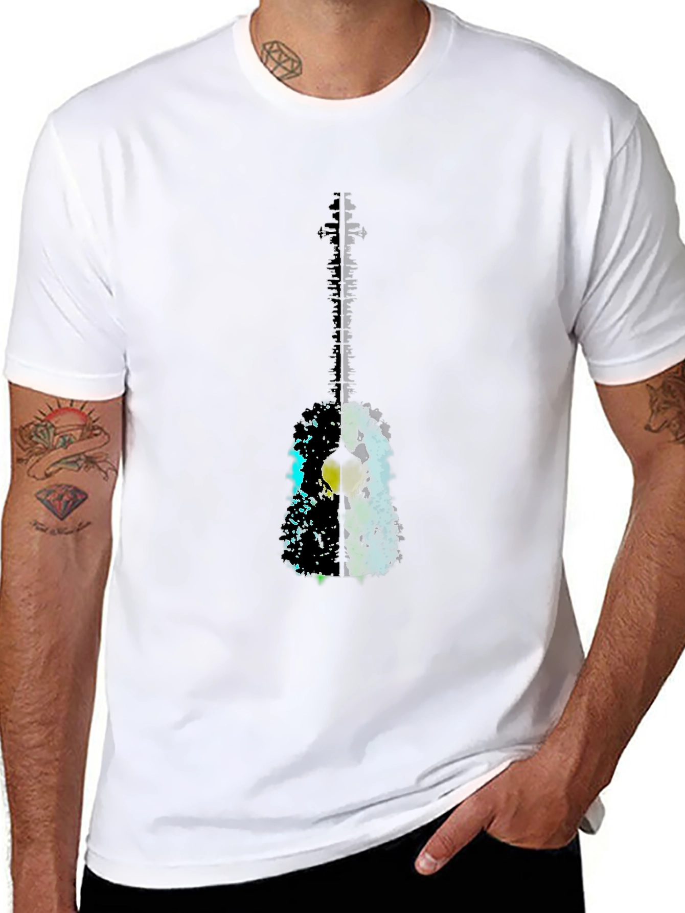 Abstract Guitar Graphic Tee - Black Casual T-Shirt