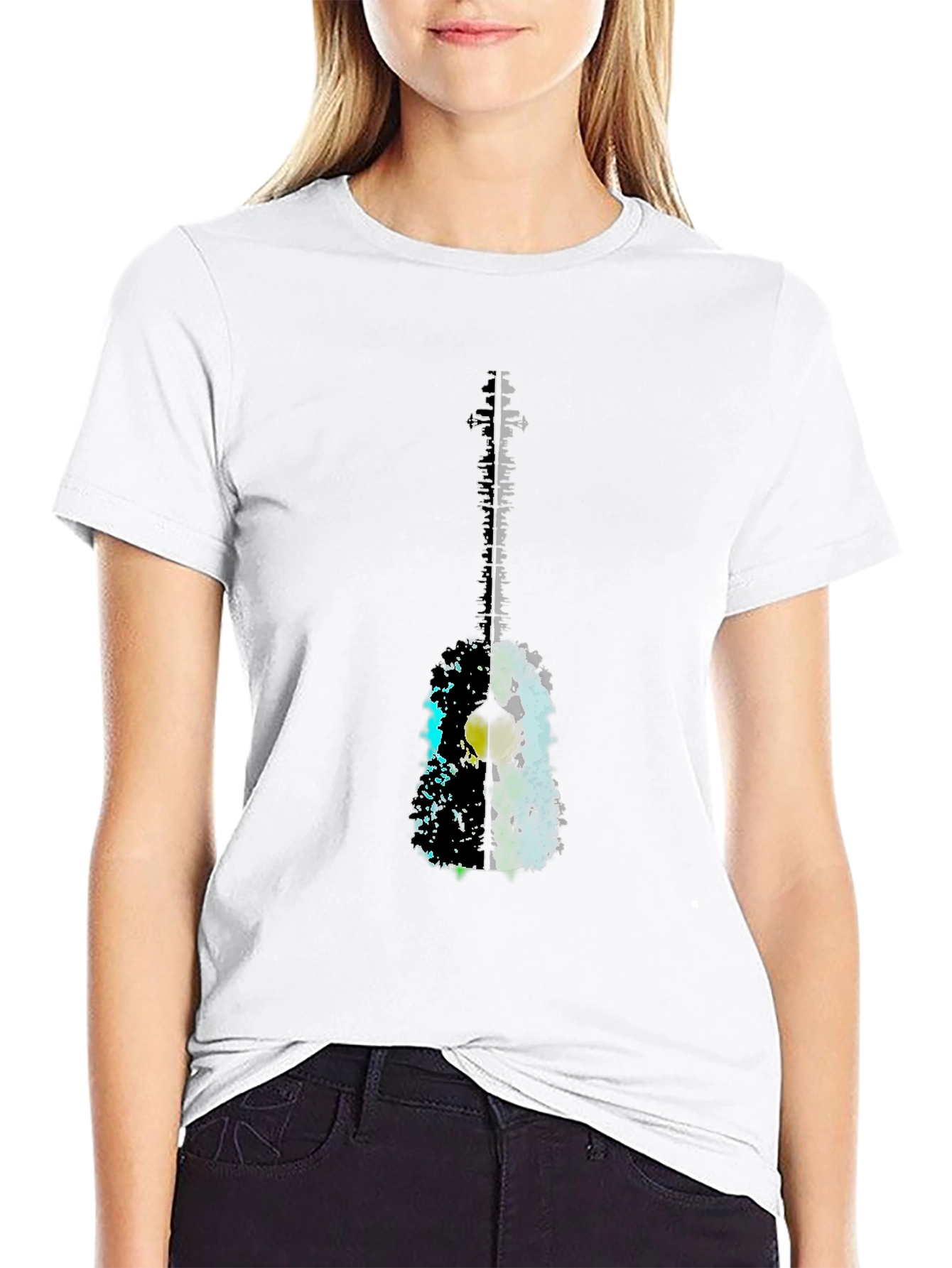 Abstract Guitar Graphic Tee - Black Casual T-Shirt